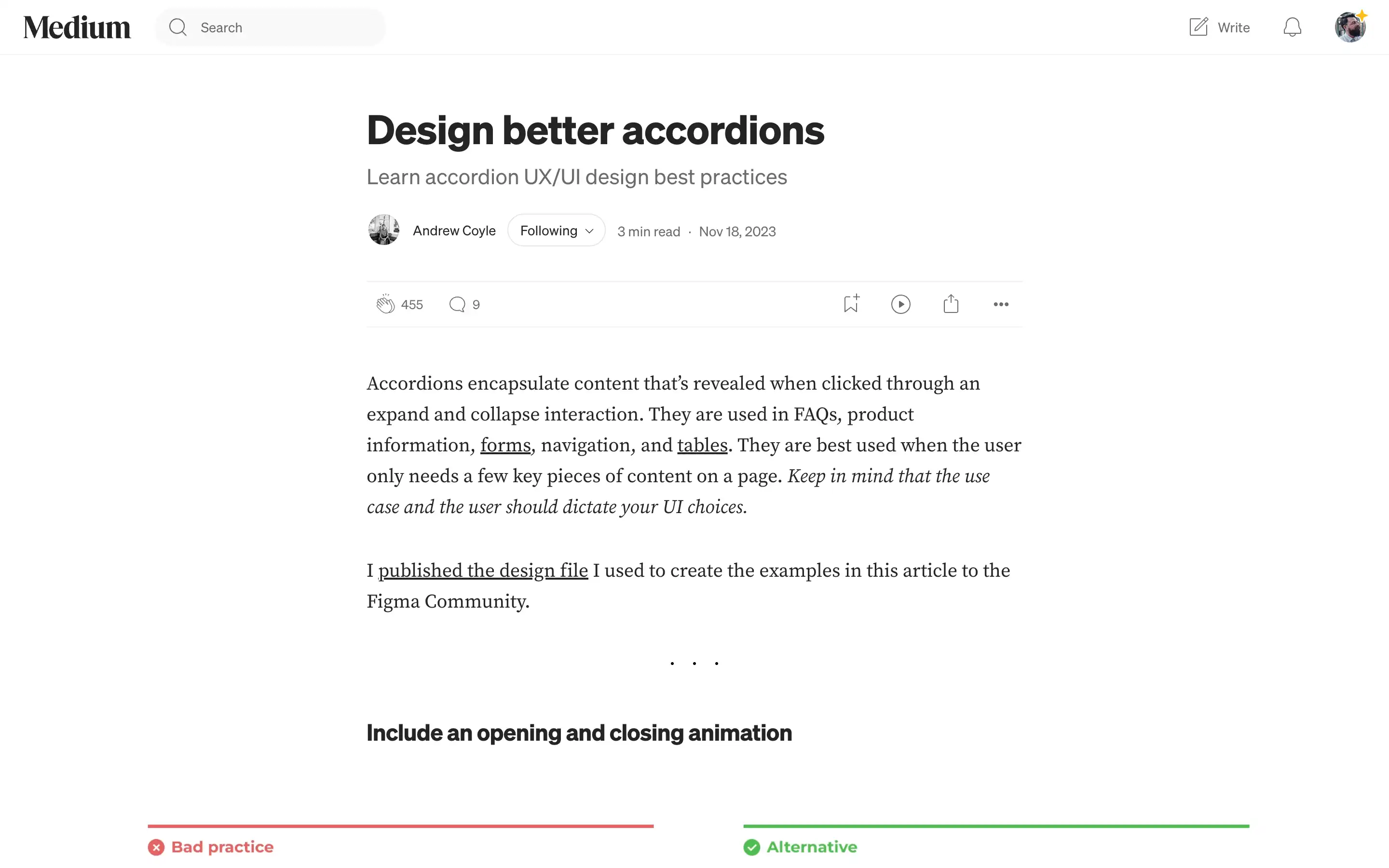 Medium article: Design better accordions, UX/UI best practices.