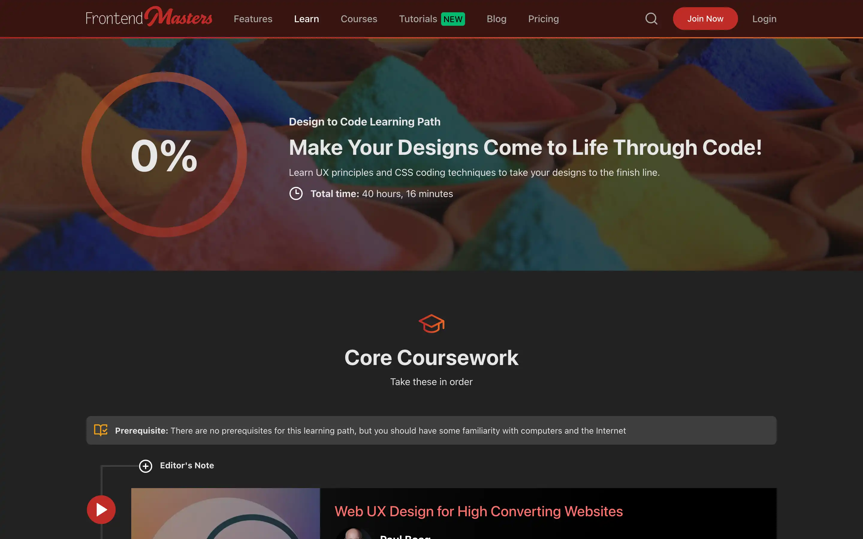 Frontend Masters design to code learning course page.