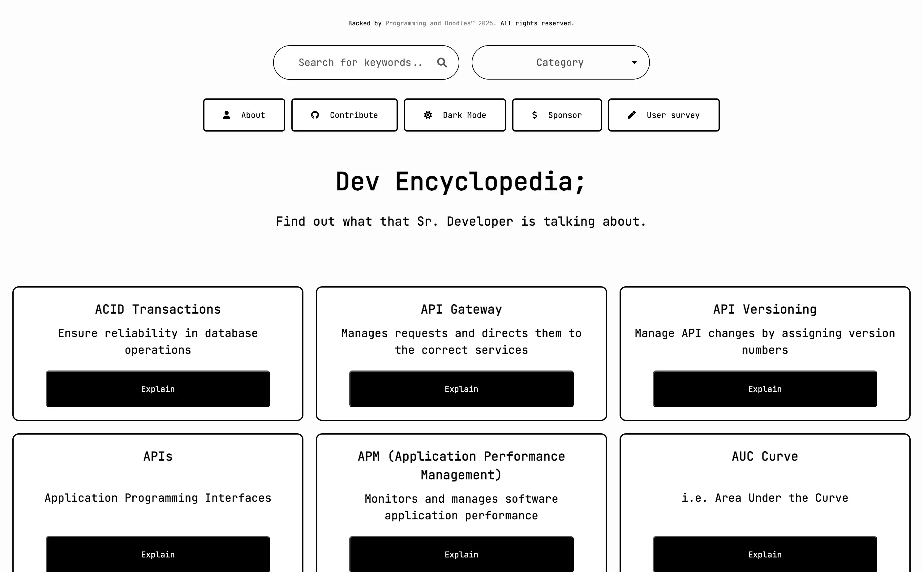 Developer encyclopedia with coding concepts and explanations.