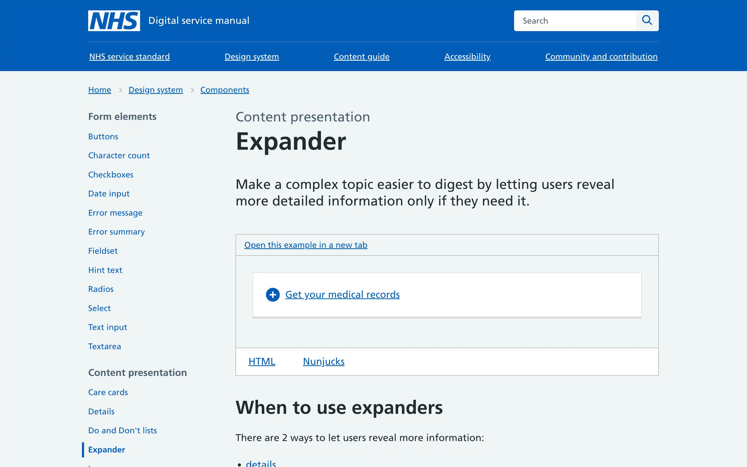 NHS digital expander component guide page