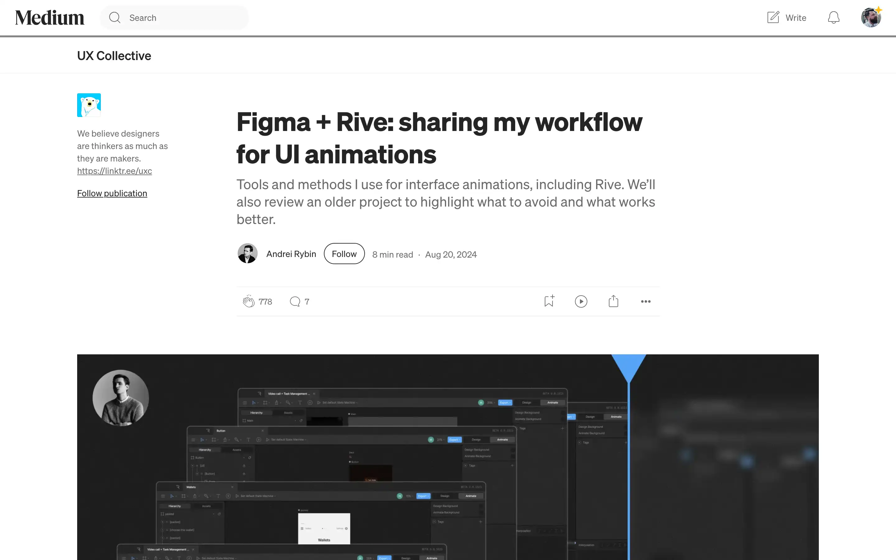Medium article on Figma and Rive UI animations.