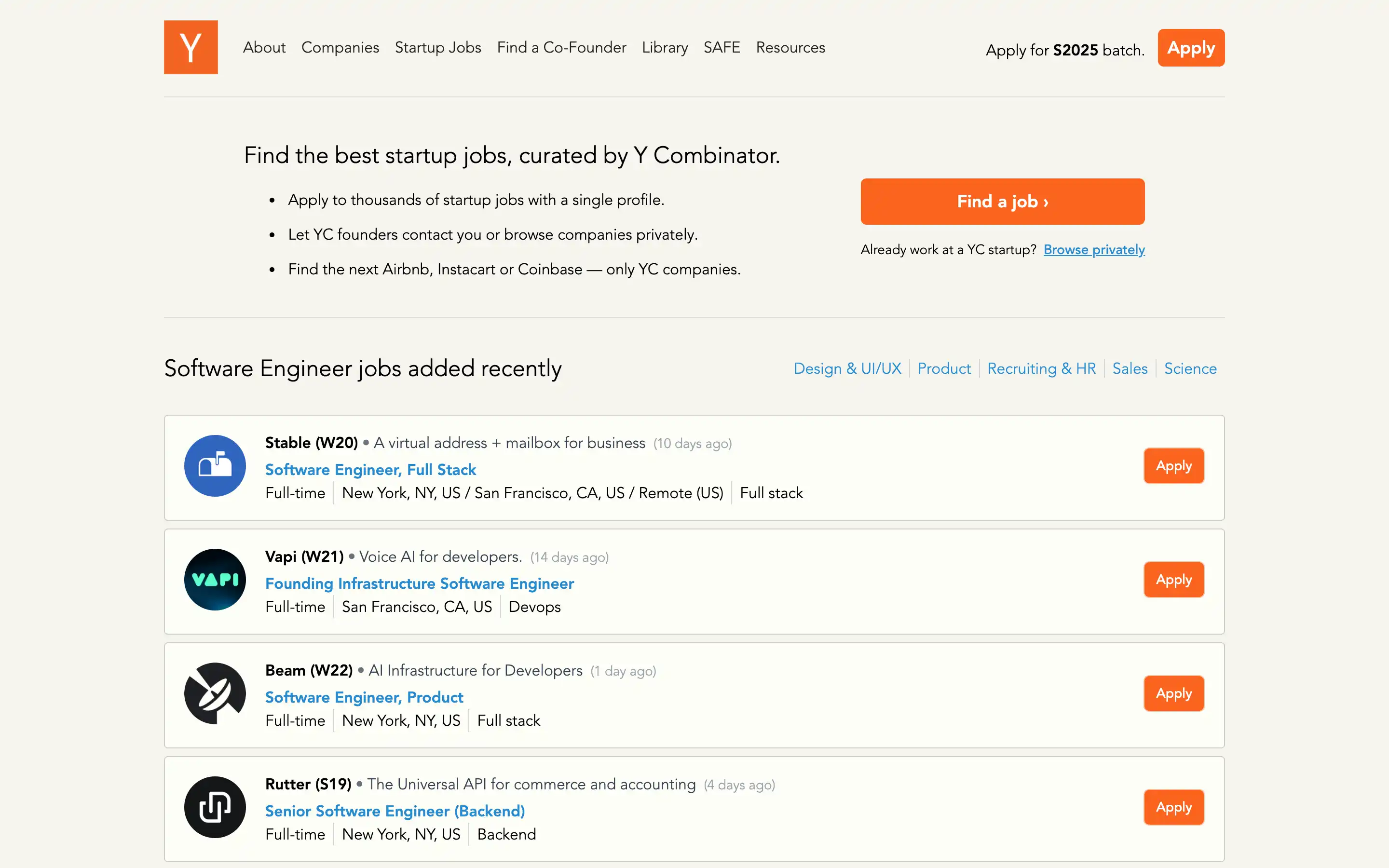 Y Combinator software engineering jobs listings page.