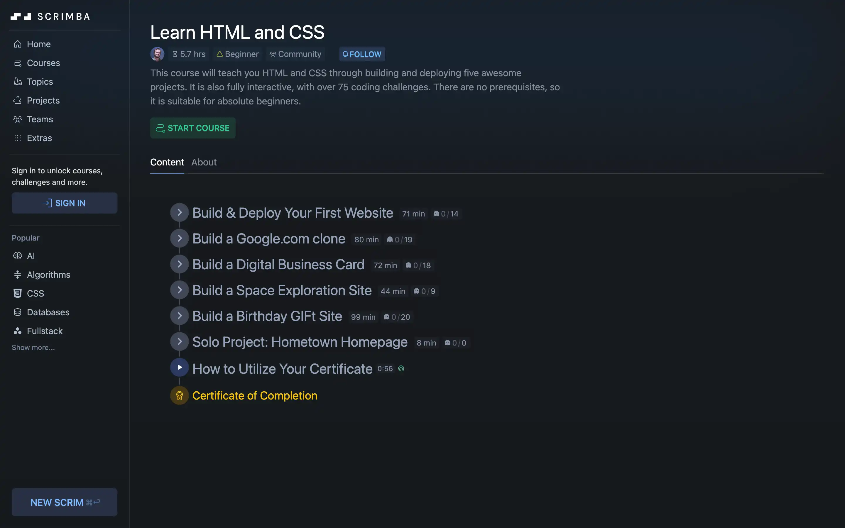 HTML CSS online course with projects and certificate.