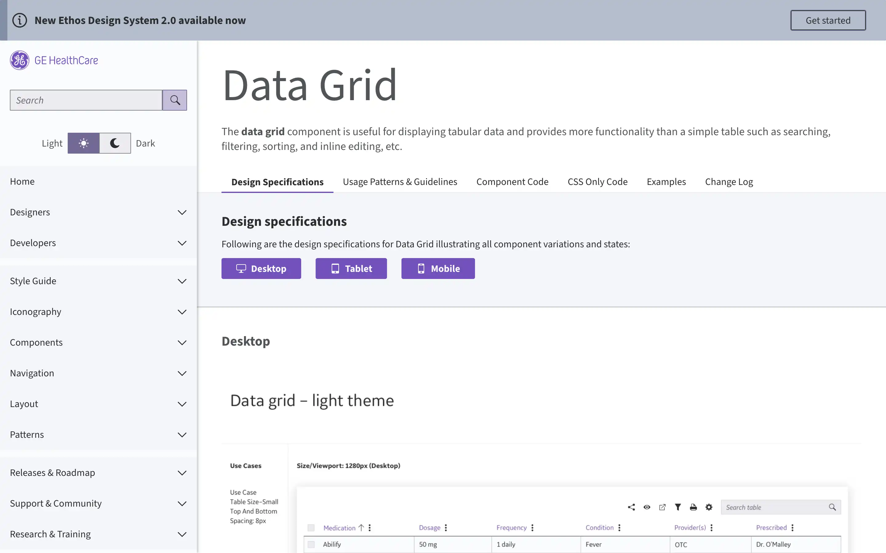 Data grid design specifications webpage screenshot