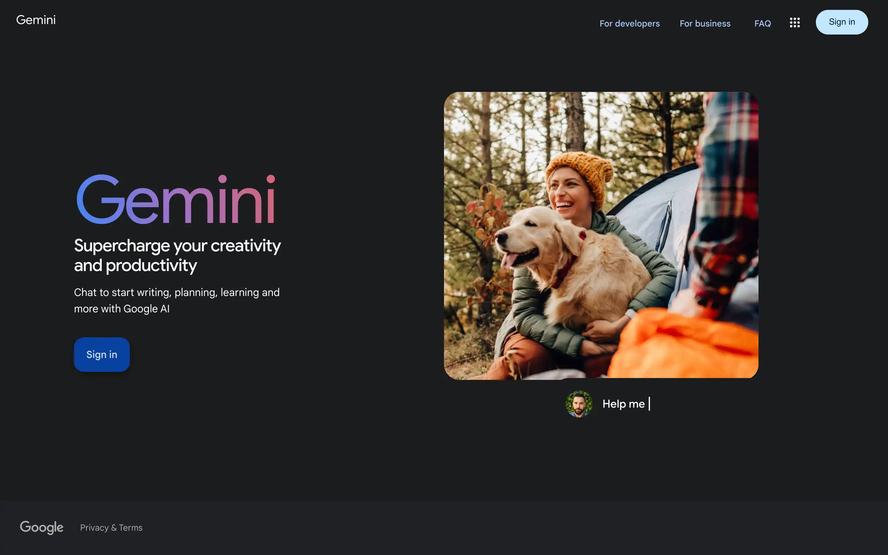 Woman camping with her dog in forest