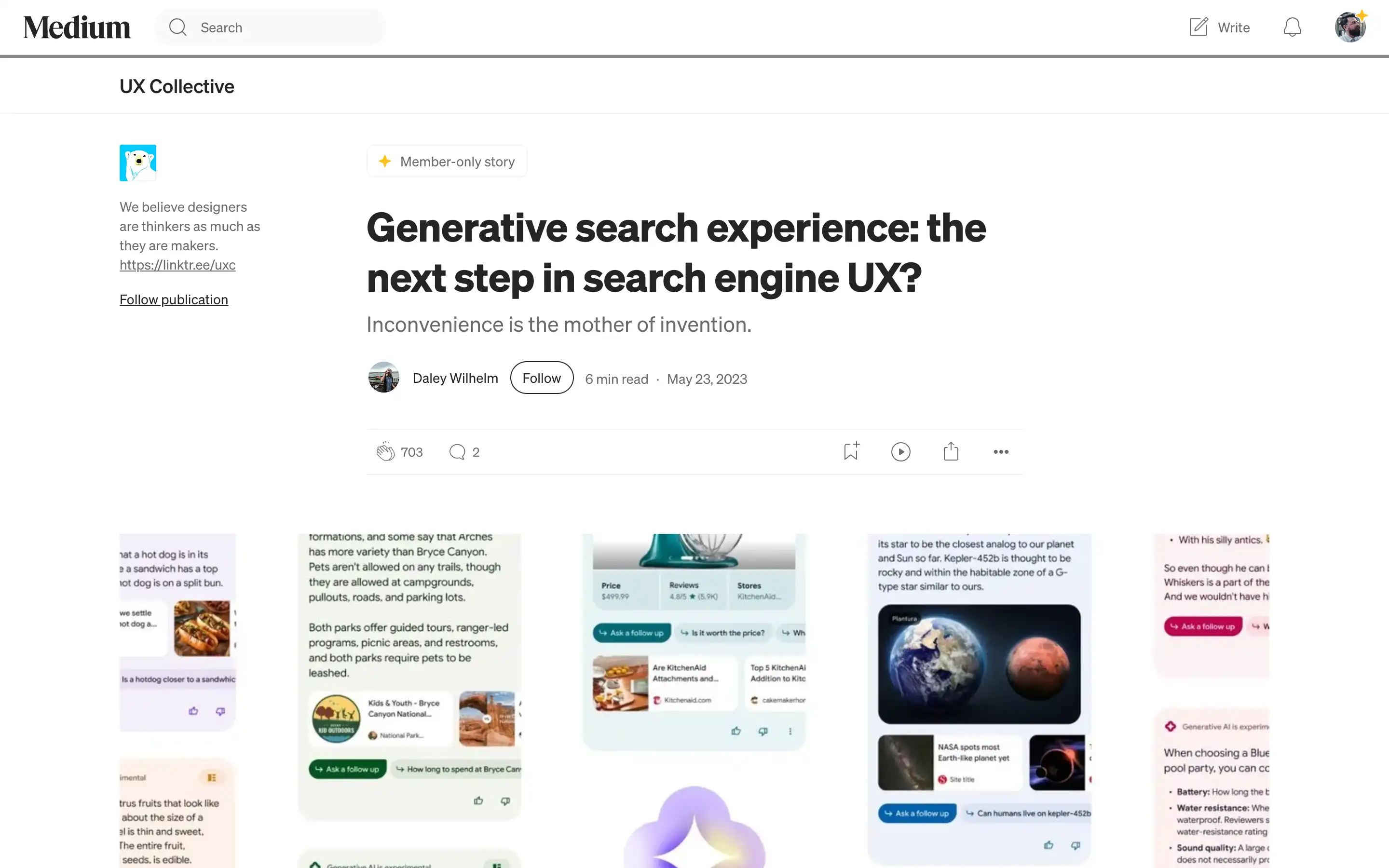 Generative search experience article on Medium