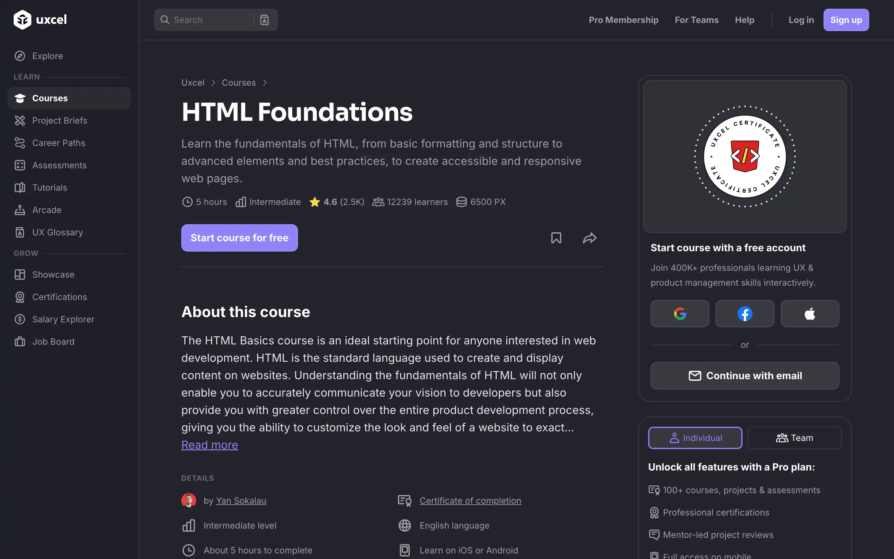 HTML course overview on Uxcel platform.