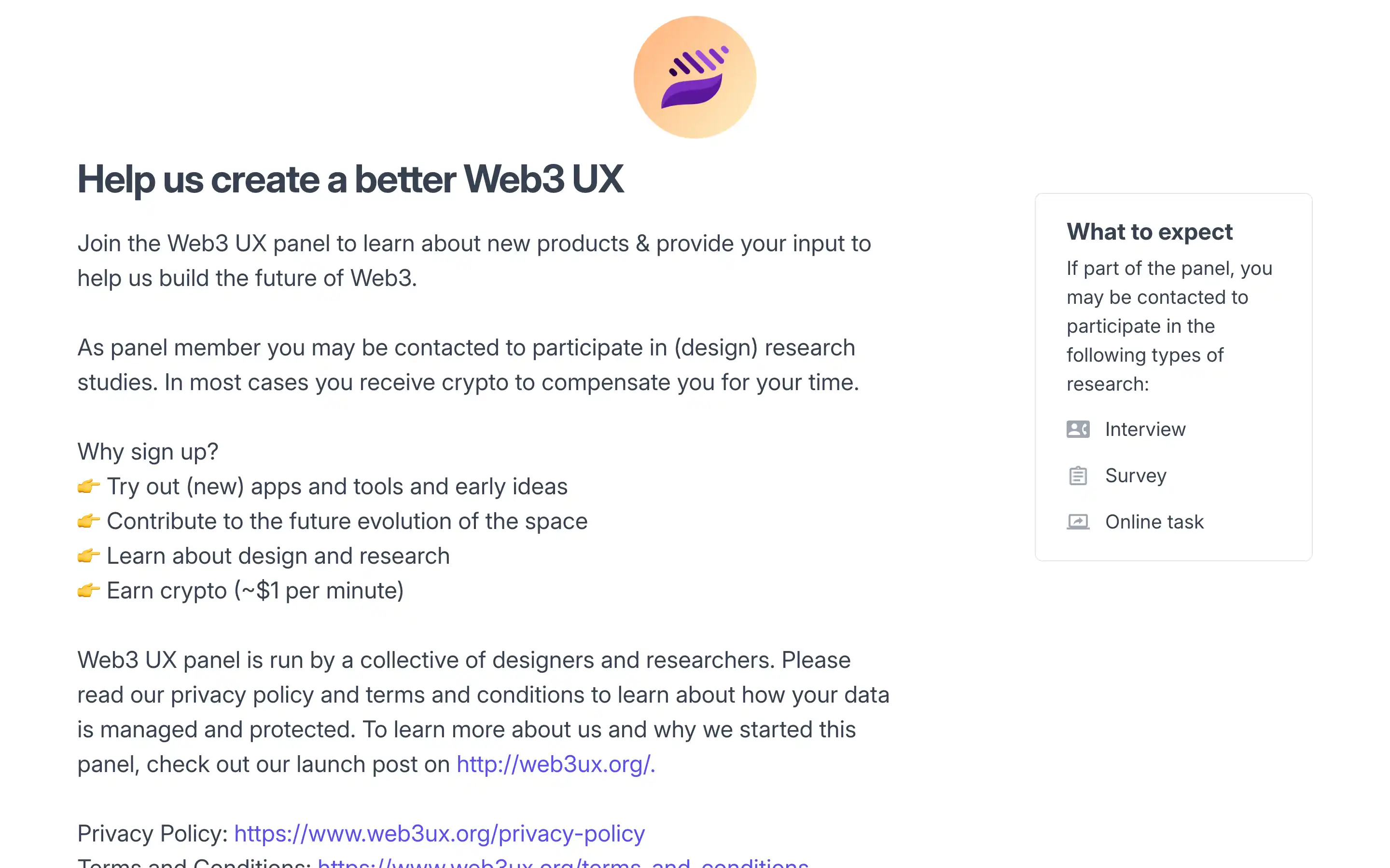Join Web3 UX panel for research and crypto rewards.