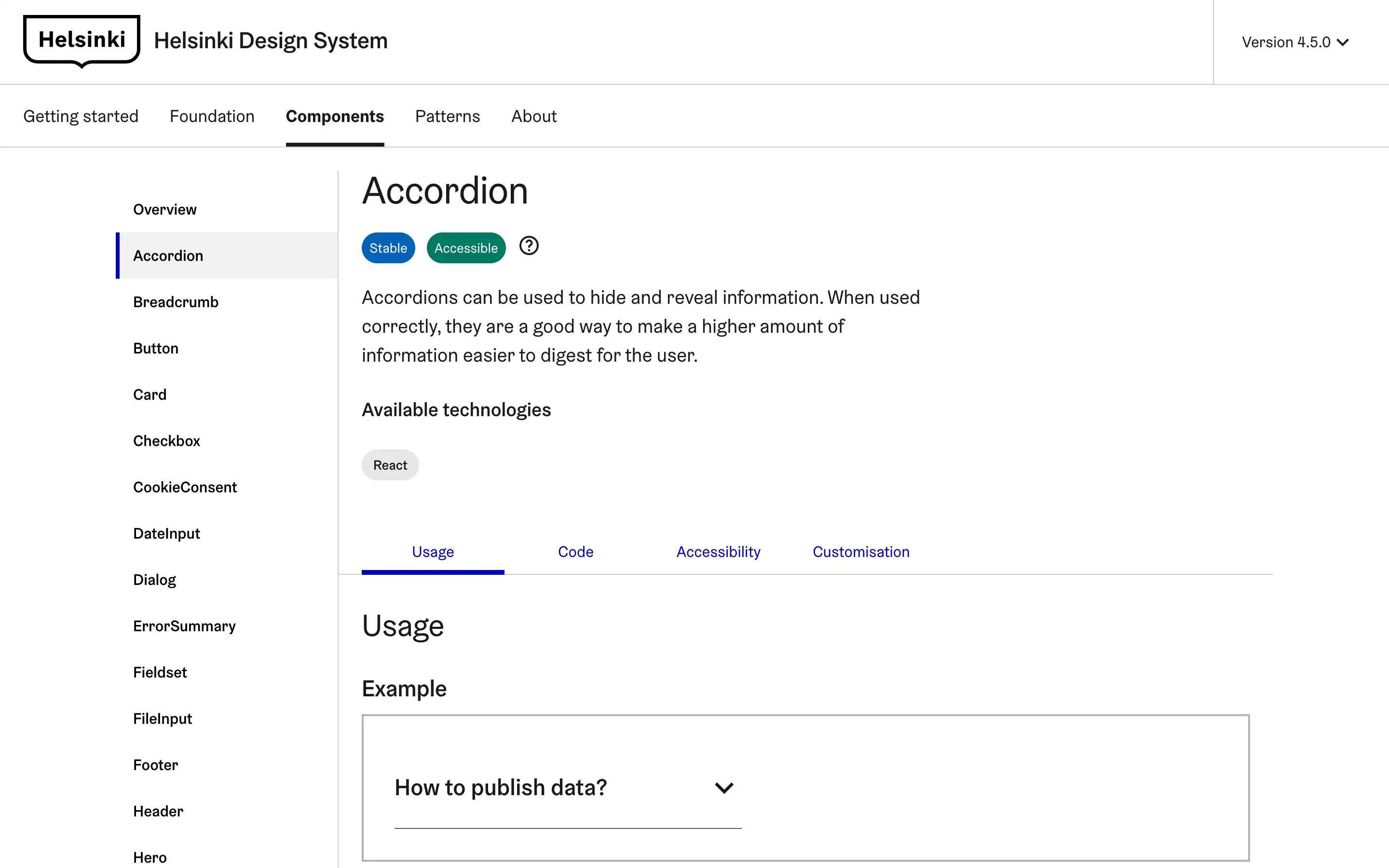 Helsinki Design System Accordion component overview page.
