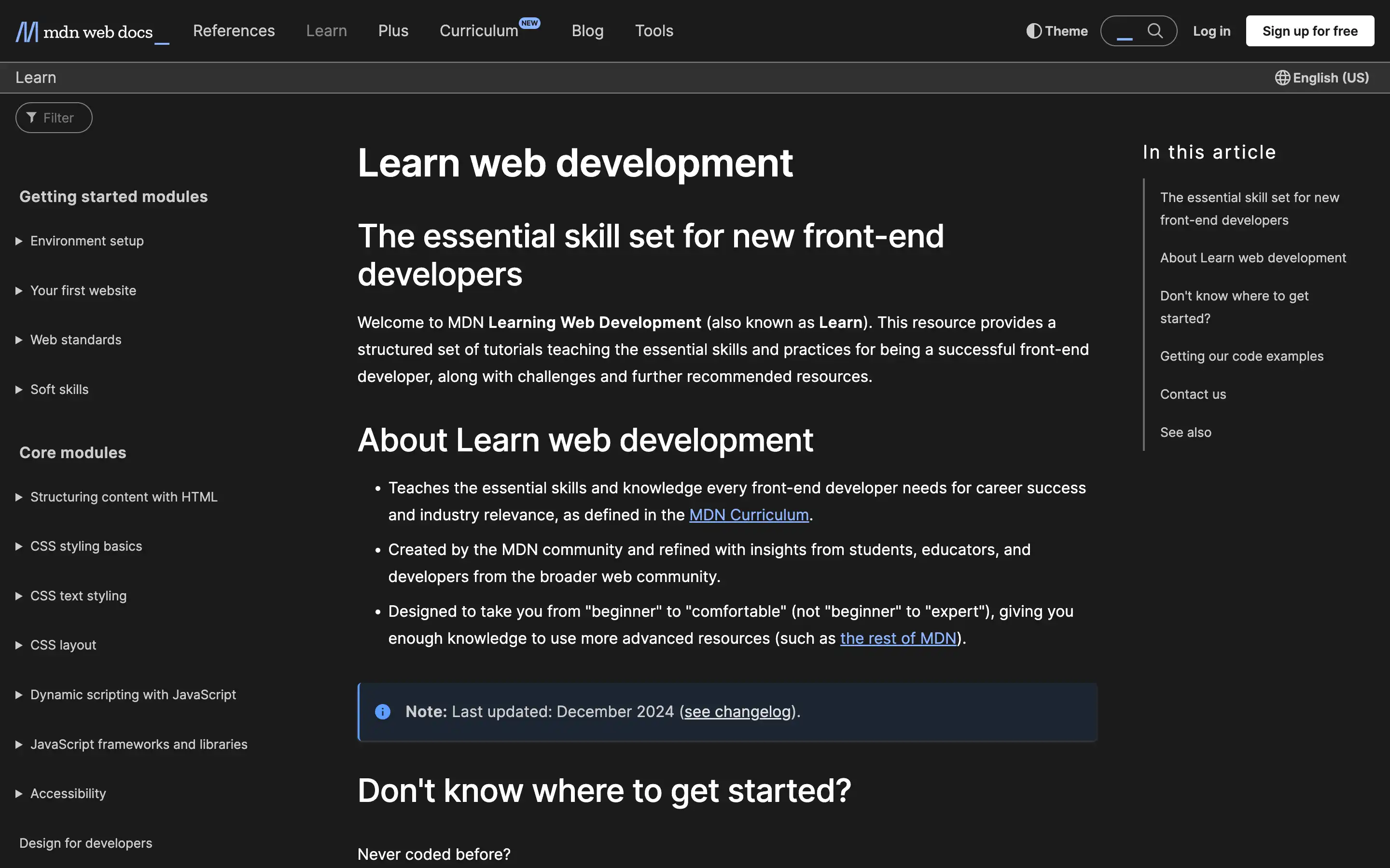 MDN web docs homepage for learning web development.