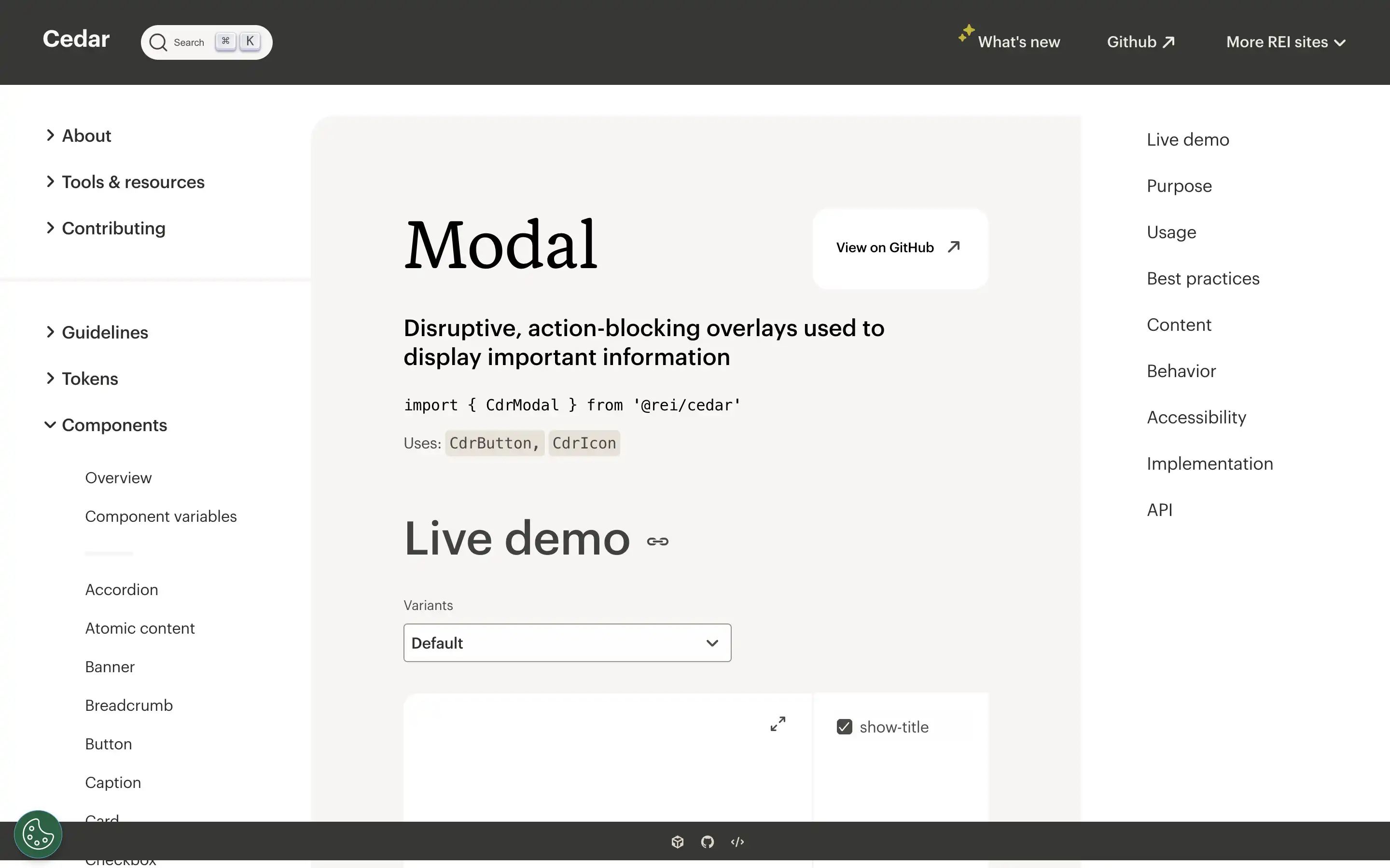 Cedar Modal component documentation screenshot
