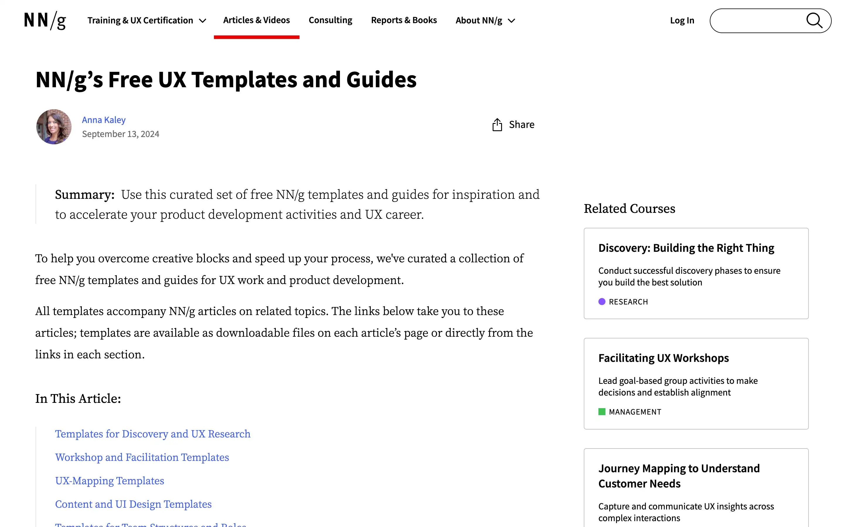 Free UX templates and guides by NN/g.