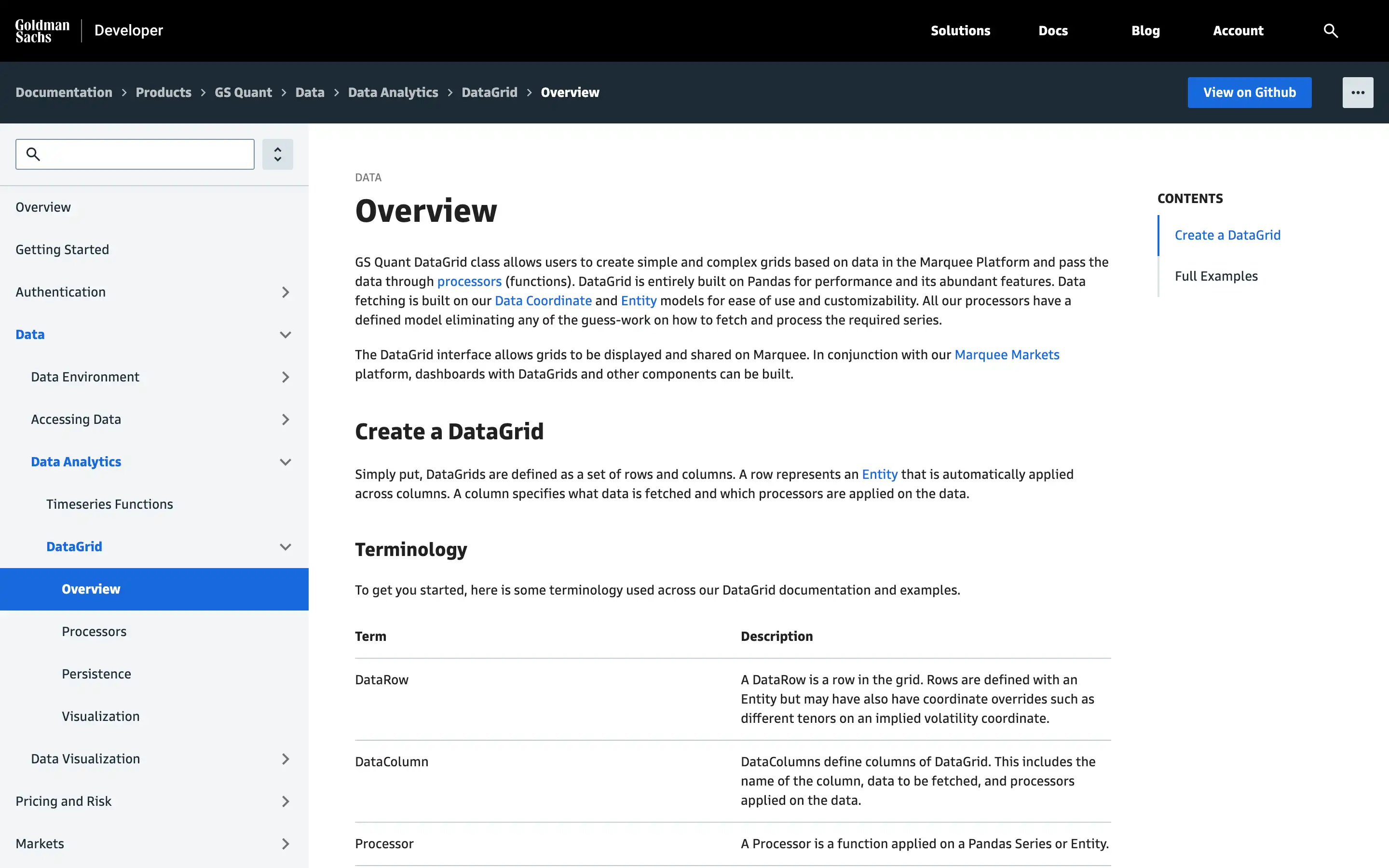 Goldman Sachs GS Quant DataGrid Documentation Overview Page