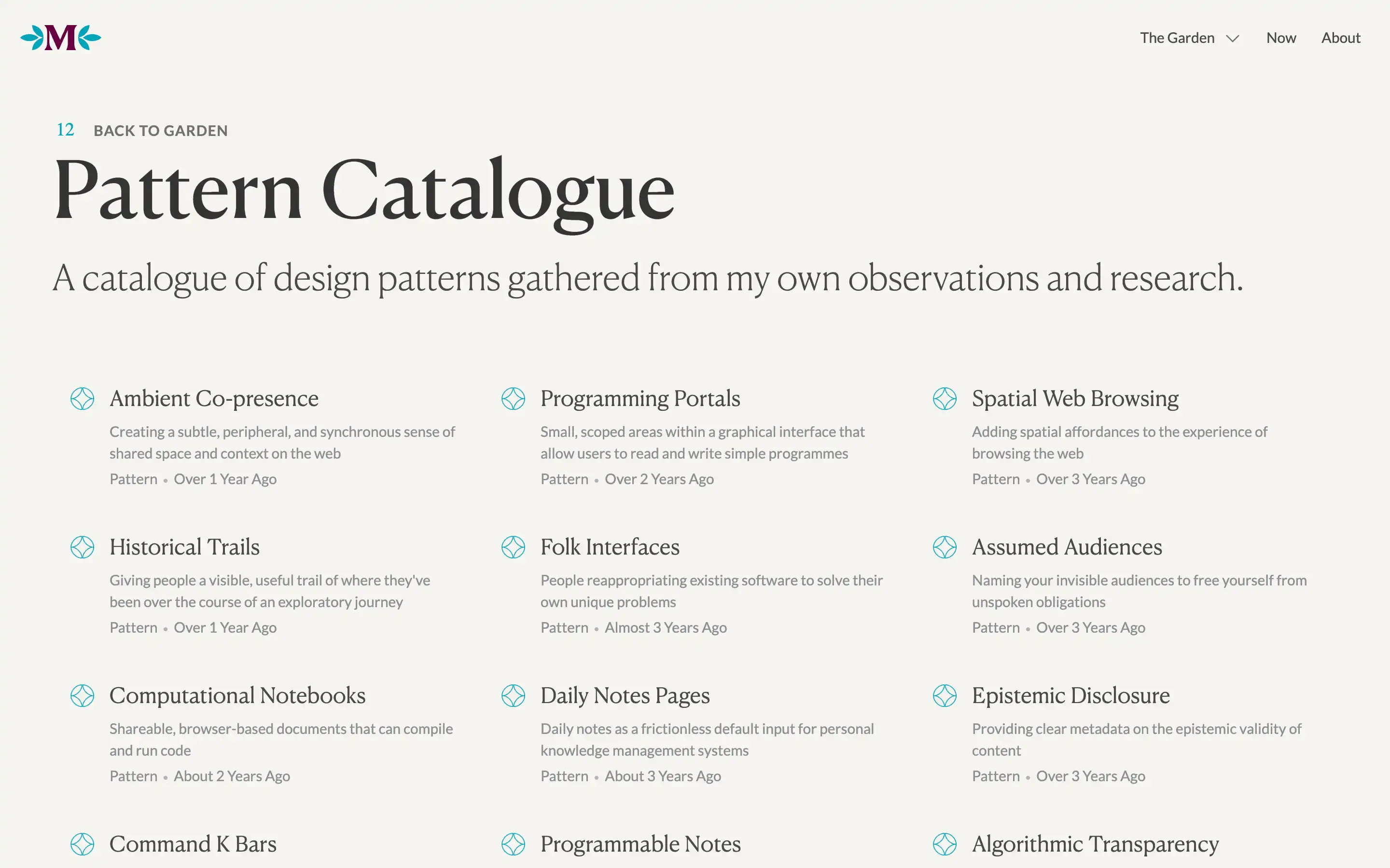 Design patterns catalog overview page.