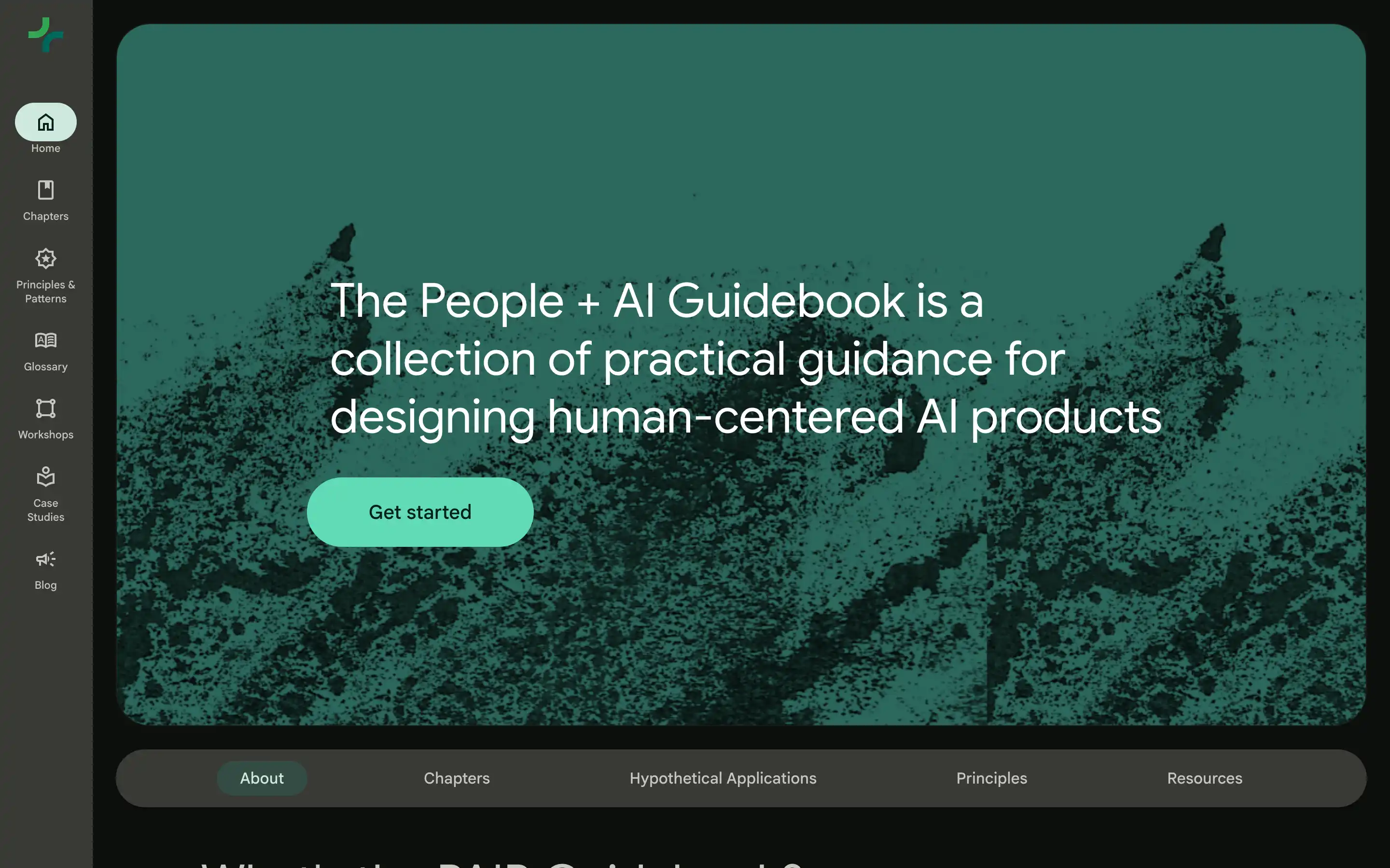 Human-centered AI guidebook homepage with start button
