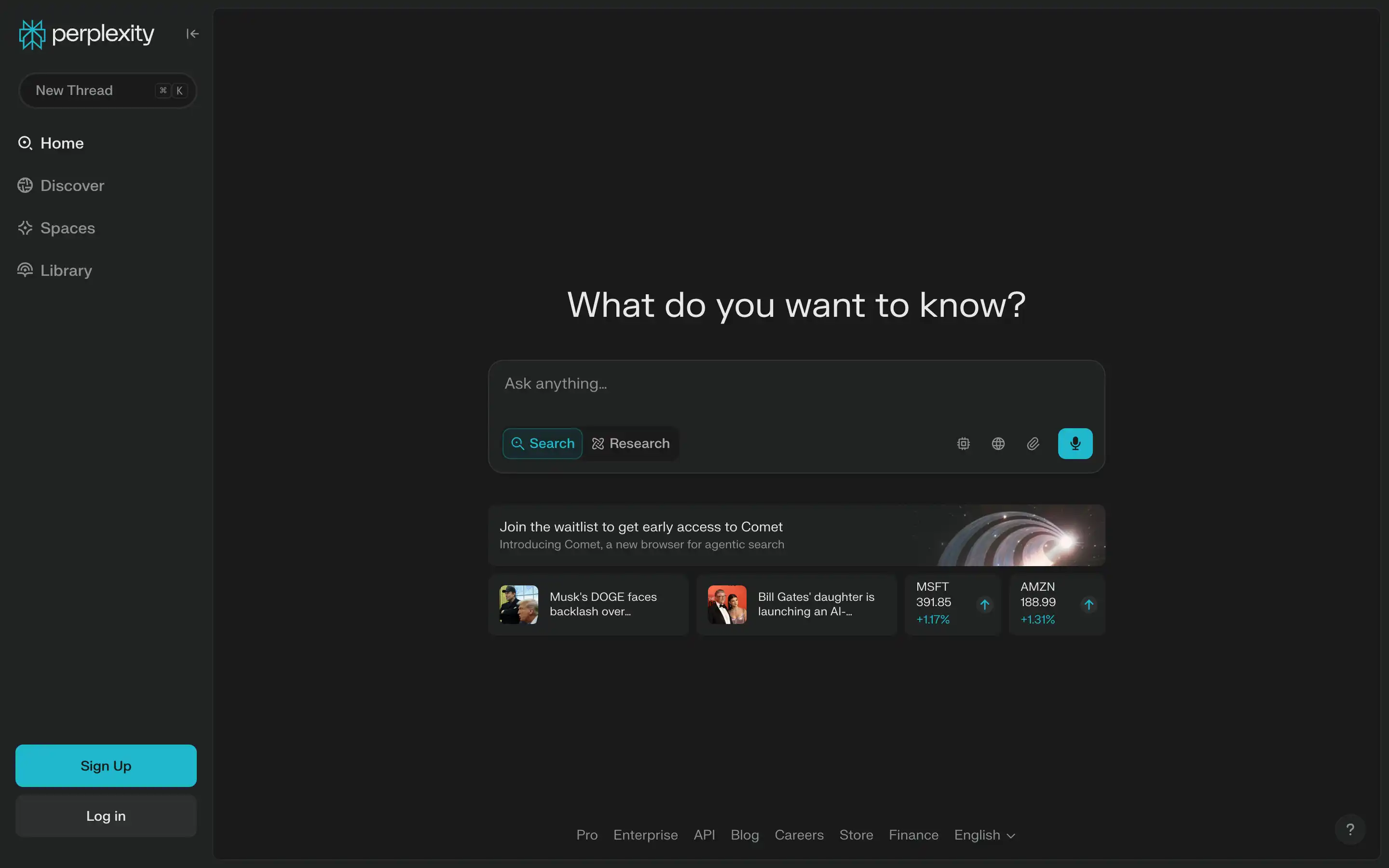 Perplexity AI homepage with search and login options