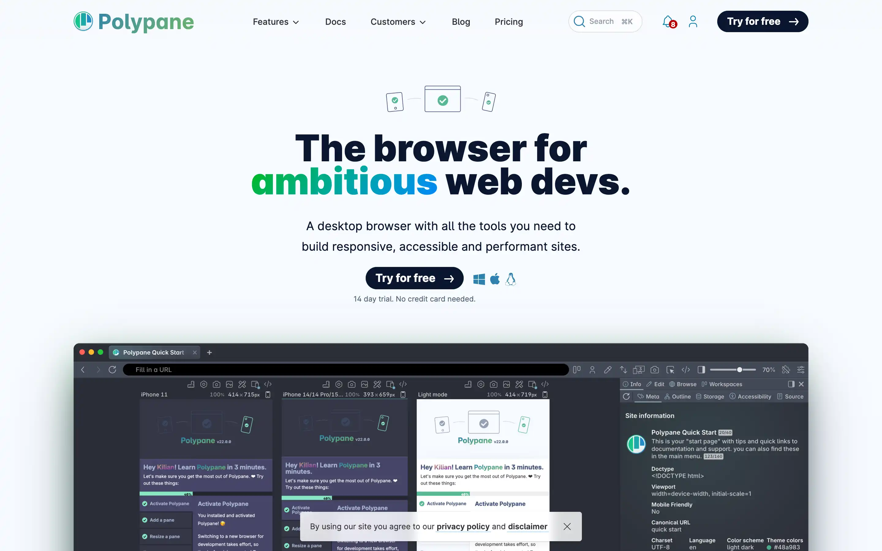 Polypane browser for web developers, free trial offer.