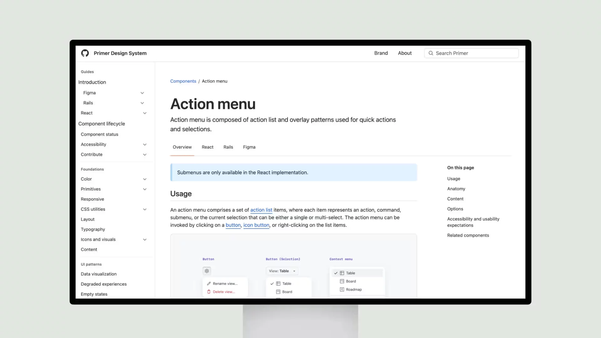 Primer Design System – Action menu