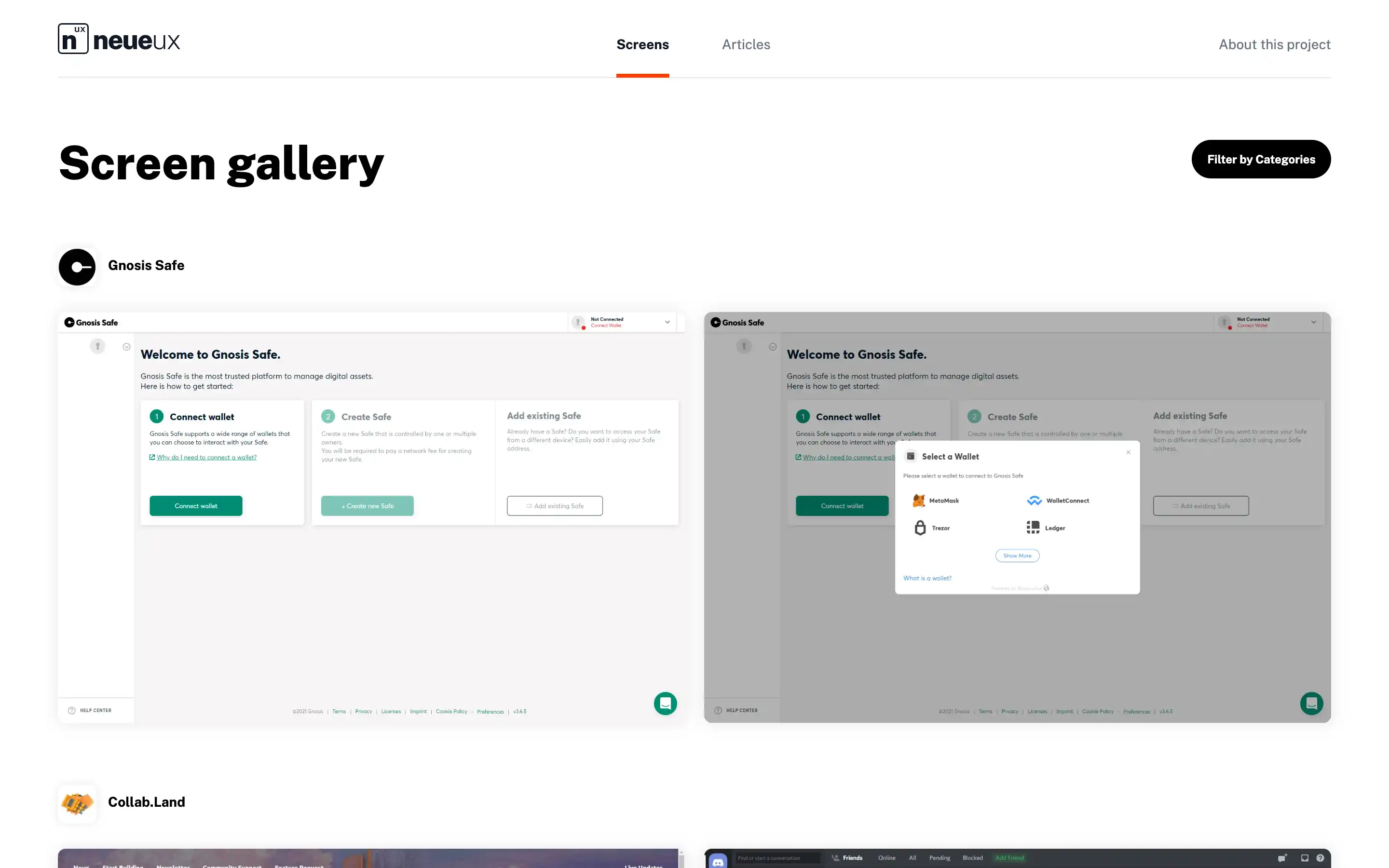 Gnosis Safe interface displaying wallet connection options.