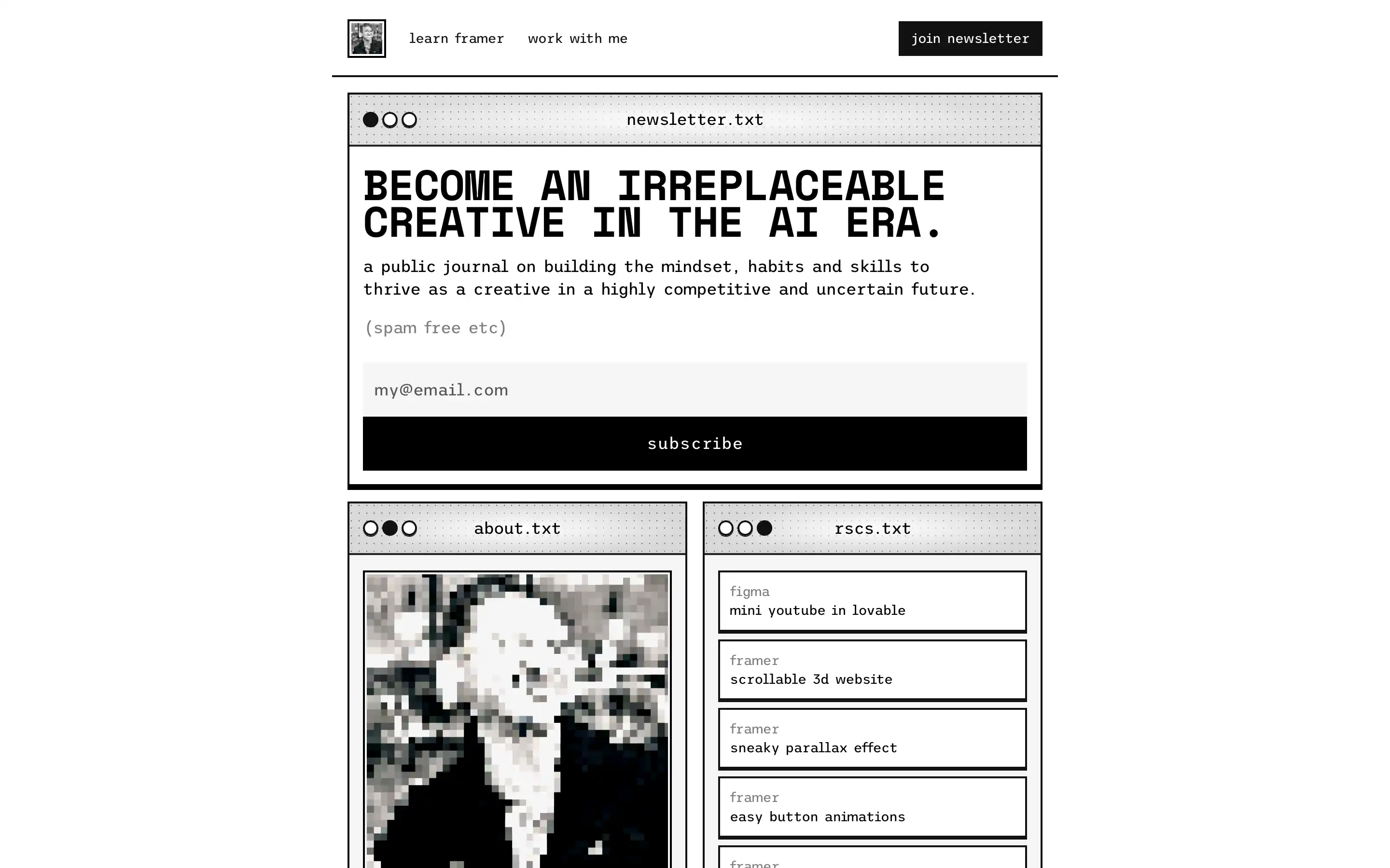Creative newsletter signup page with subscription form.