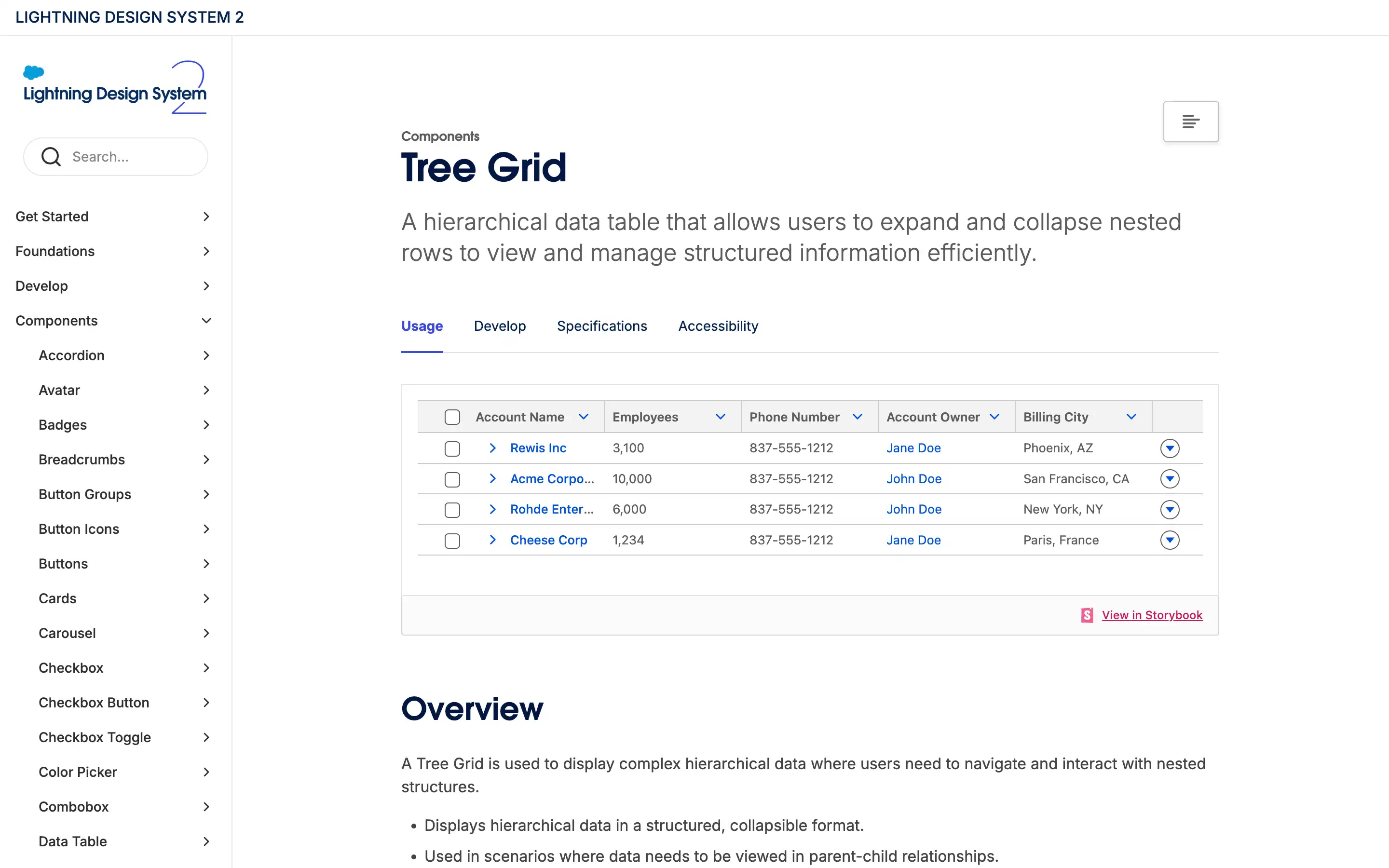 Tree Grid component displaying hierarchical data table.