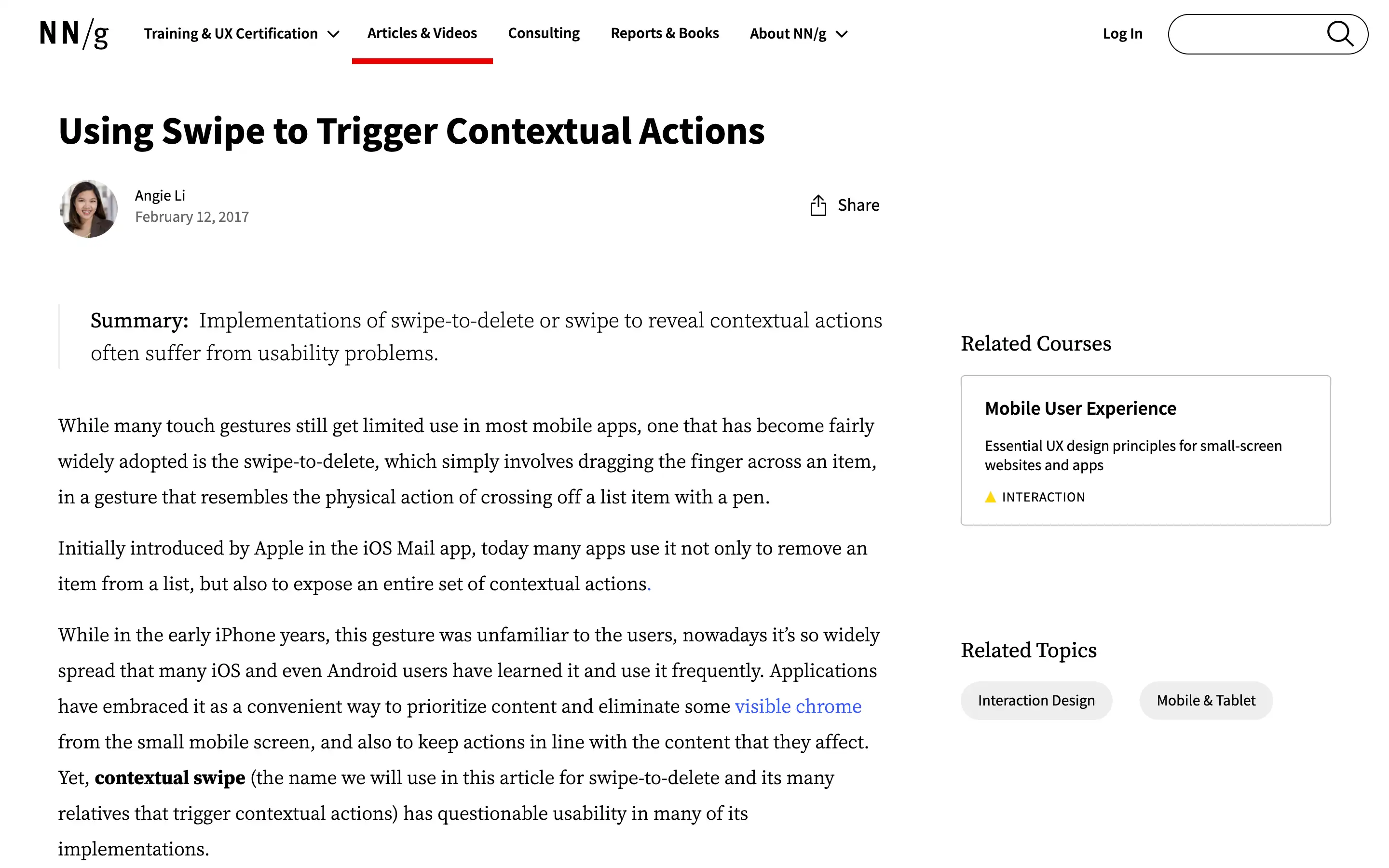 Article about swipe gesture usability in mobile apps.