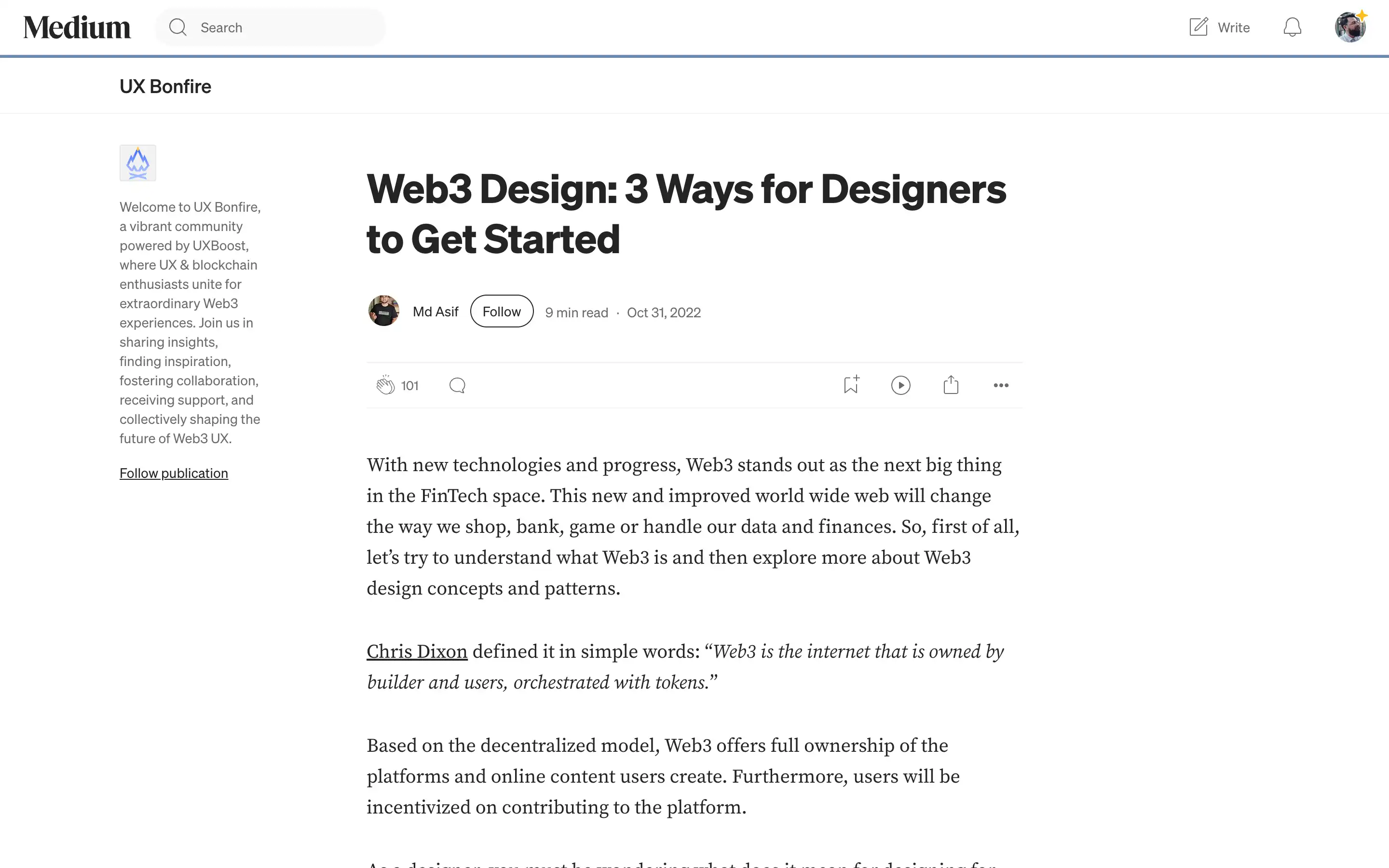 Web3 design tips for designers article on Medium.