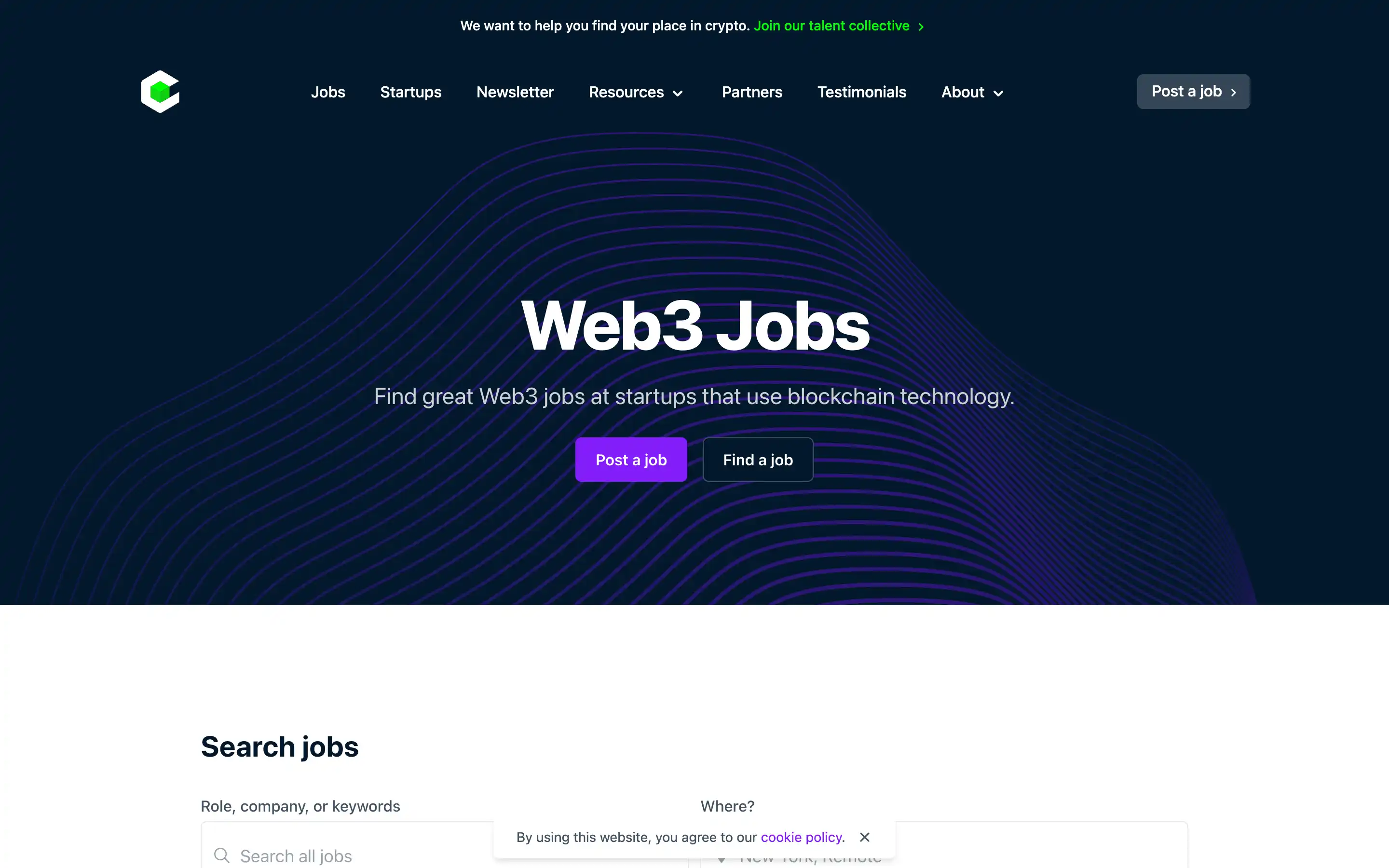 Web3 jobs at blockchain startups website homepage.
