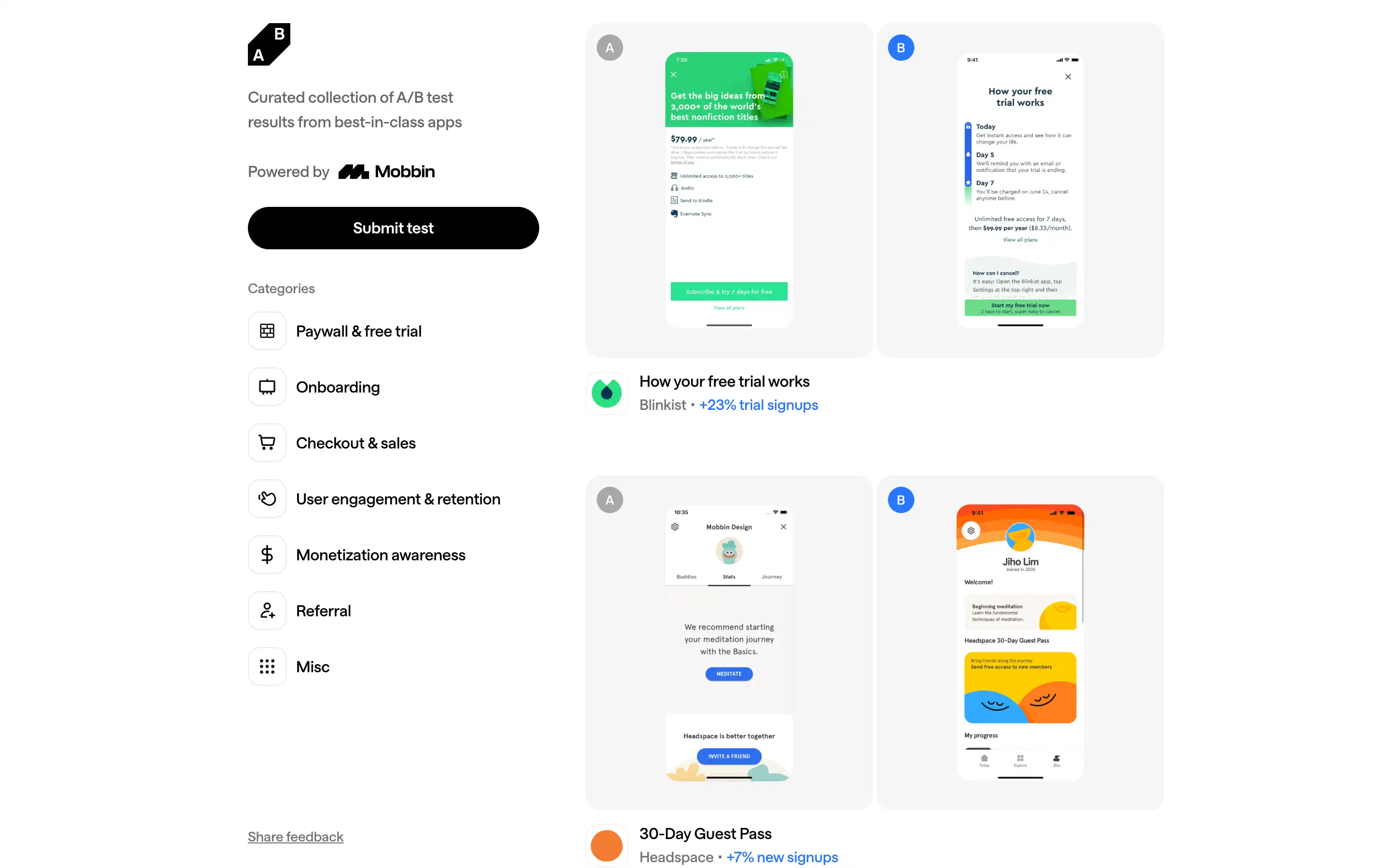 A/B test results of app interfaces and categories.