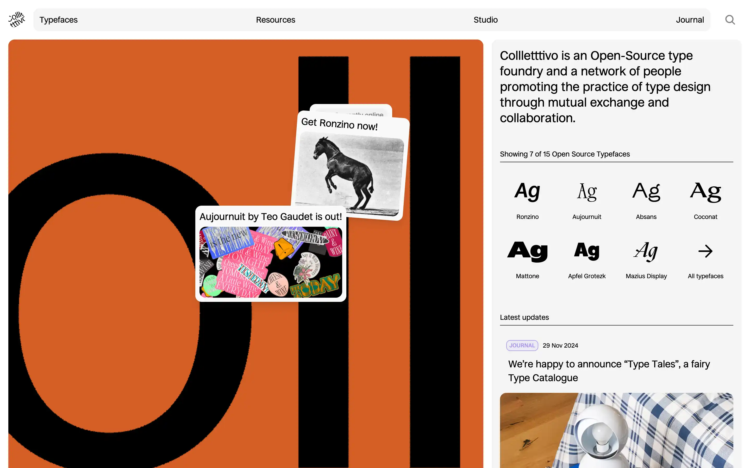 Typeface website showcasing fonts and announcements.