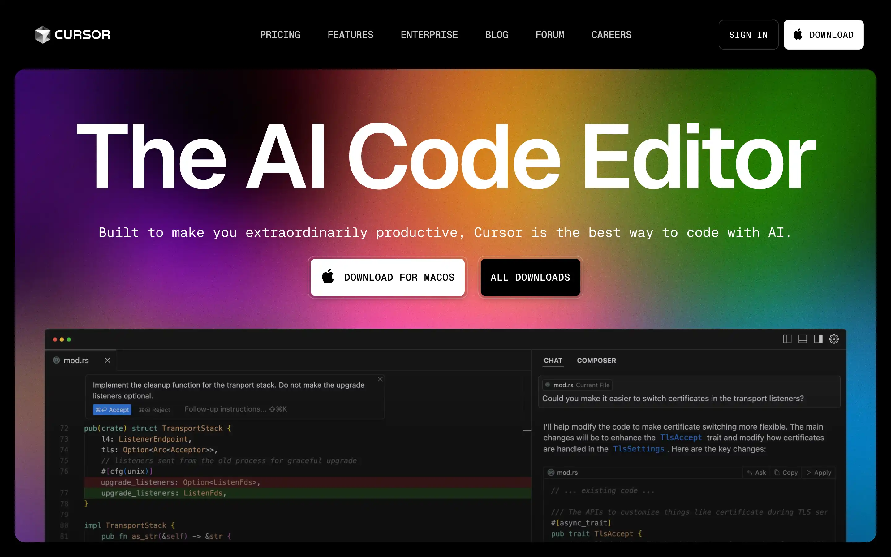 AI Code Editor with download options and features.