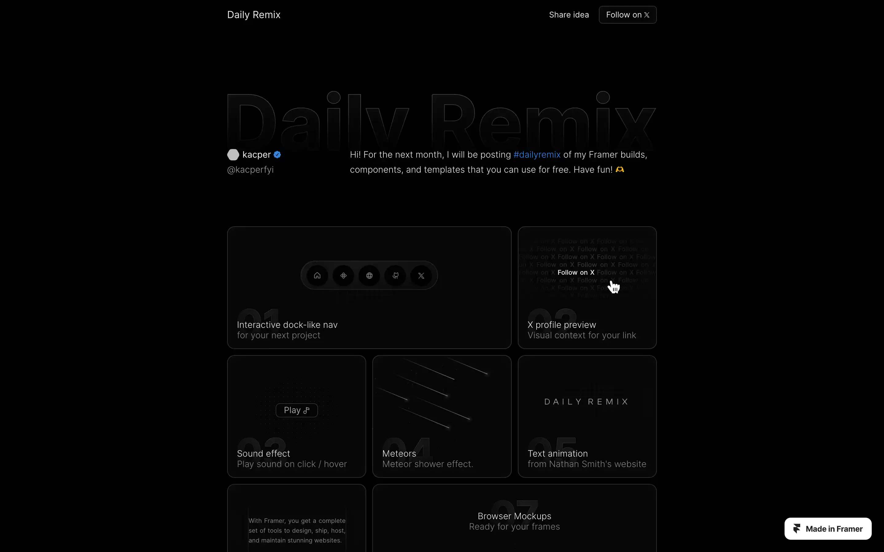 Daily Remix webpage showcasing Framer projects