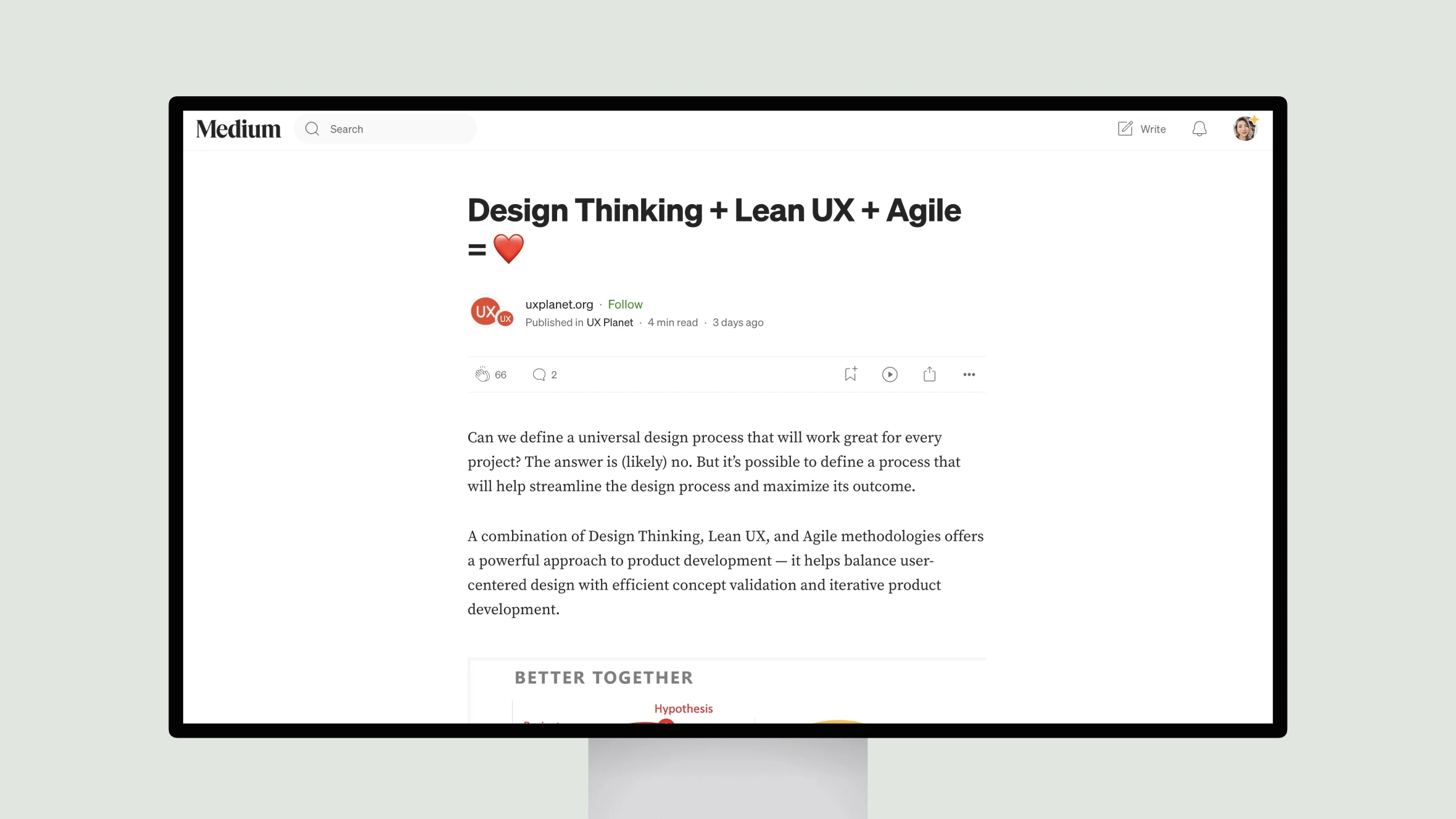 Medium article on Design Thinking, Lean UX, Agile