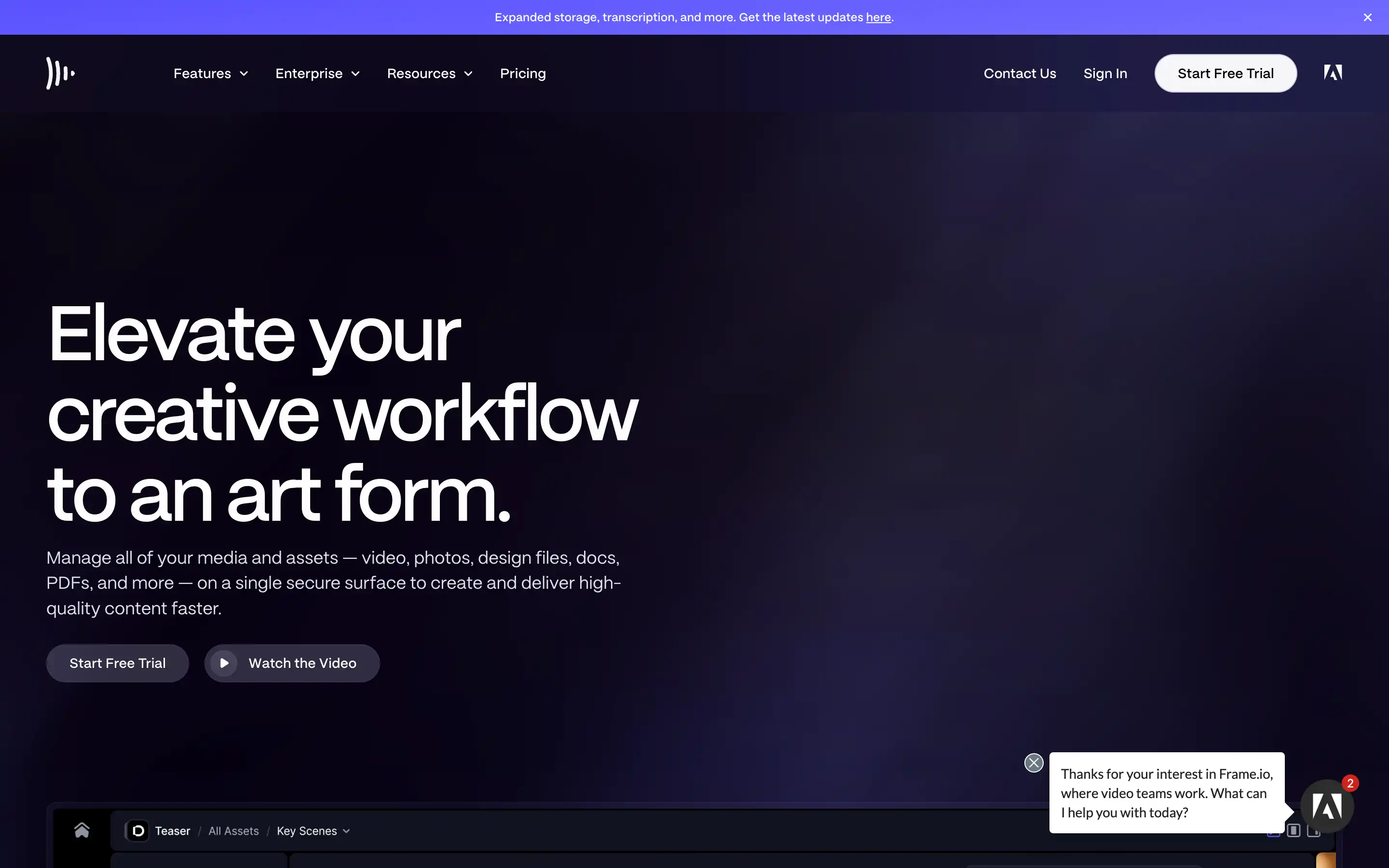 Frame.io creative workflow platform homepage