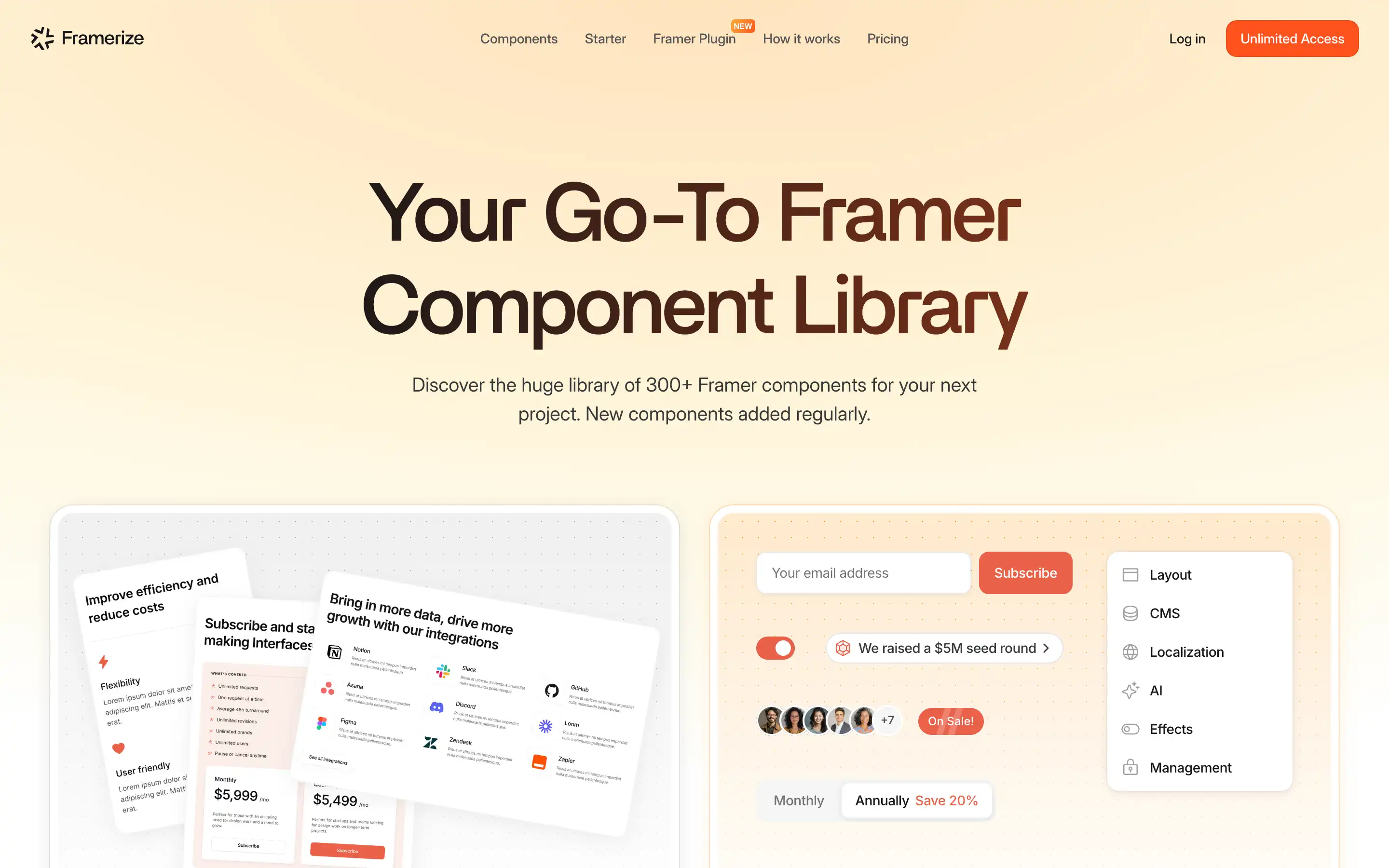 Framer component library homepage showcasing features and pricing.