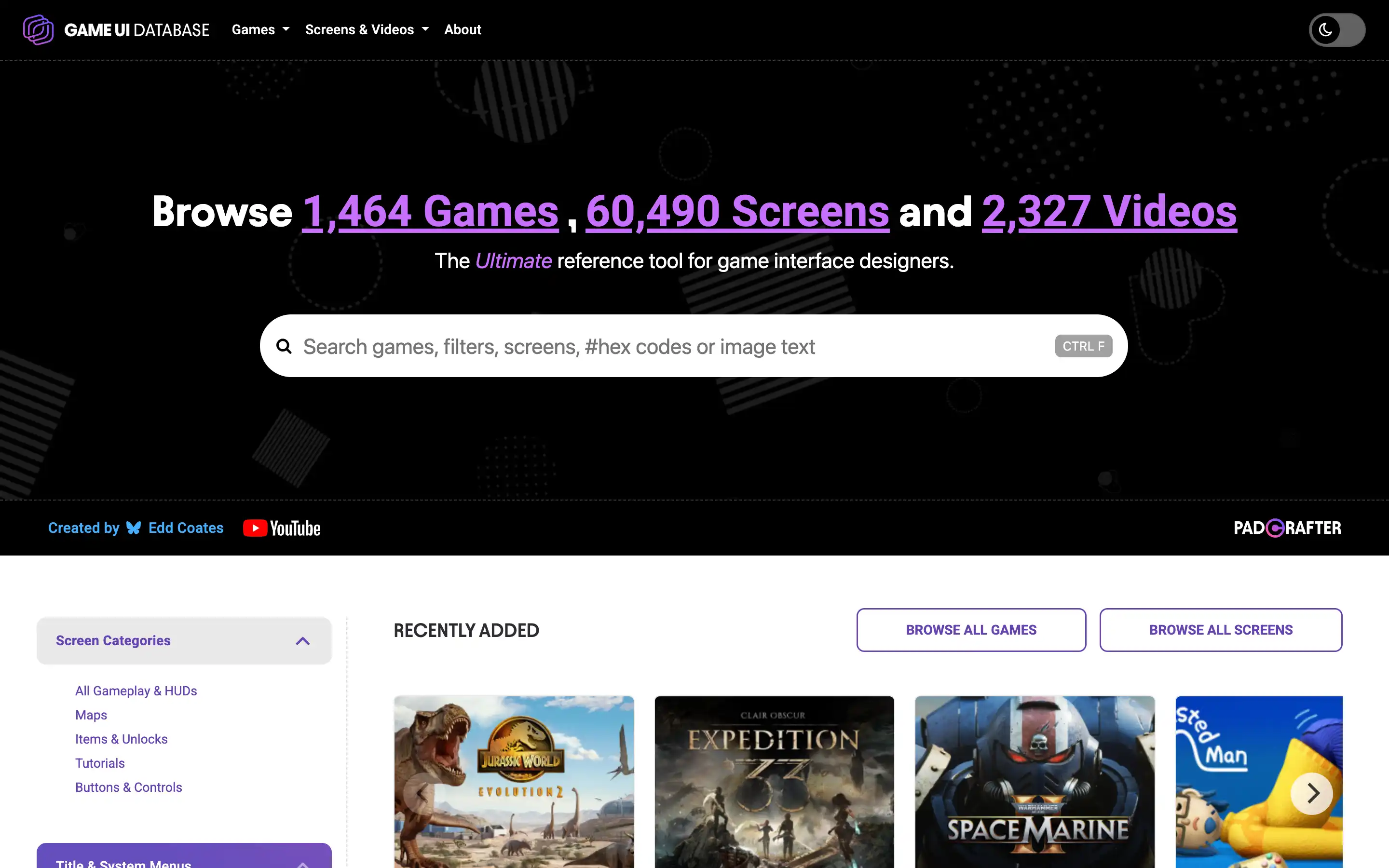 Game UI database homepage with search bar.