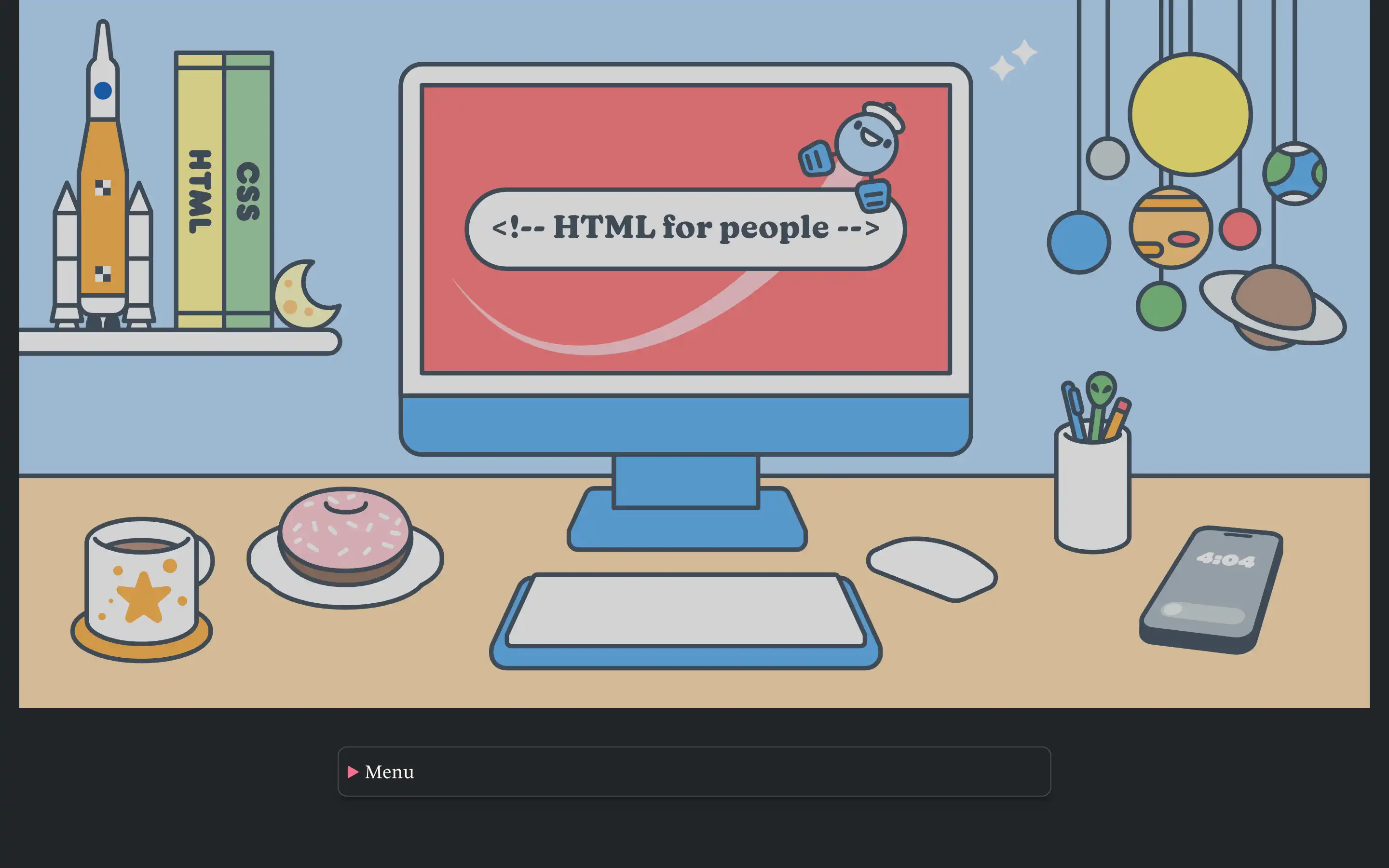 Desktop with HTML code and space-themed decorations.