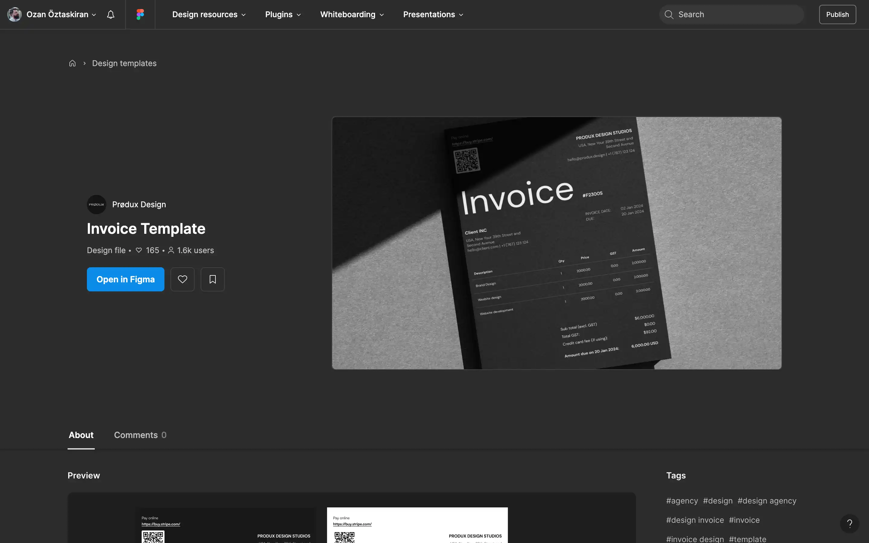 Invoice design template preview on Figma platform.