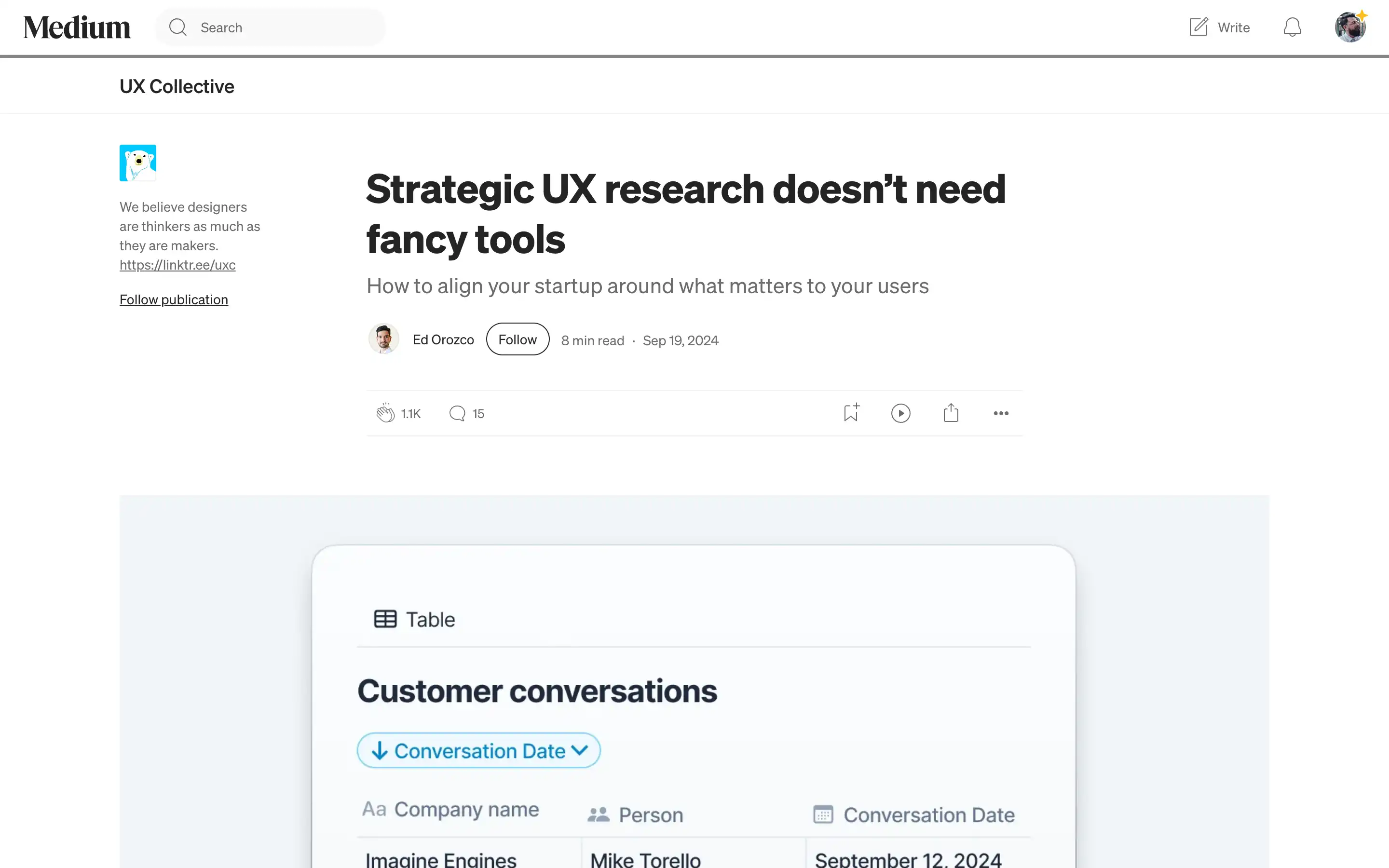 Strategic UX research article with customer conversations table.
