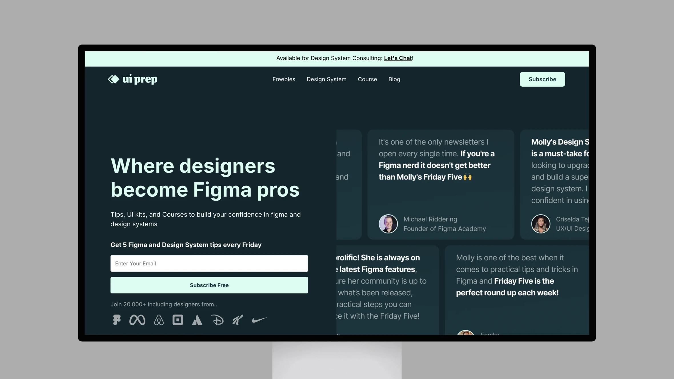 UI Prep website promoting Figma design tips and courses