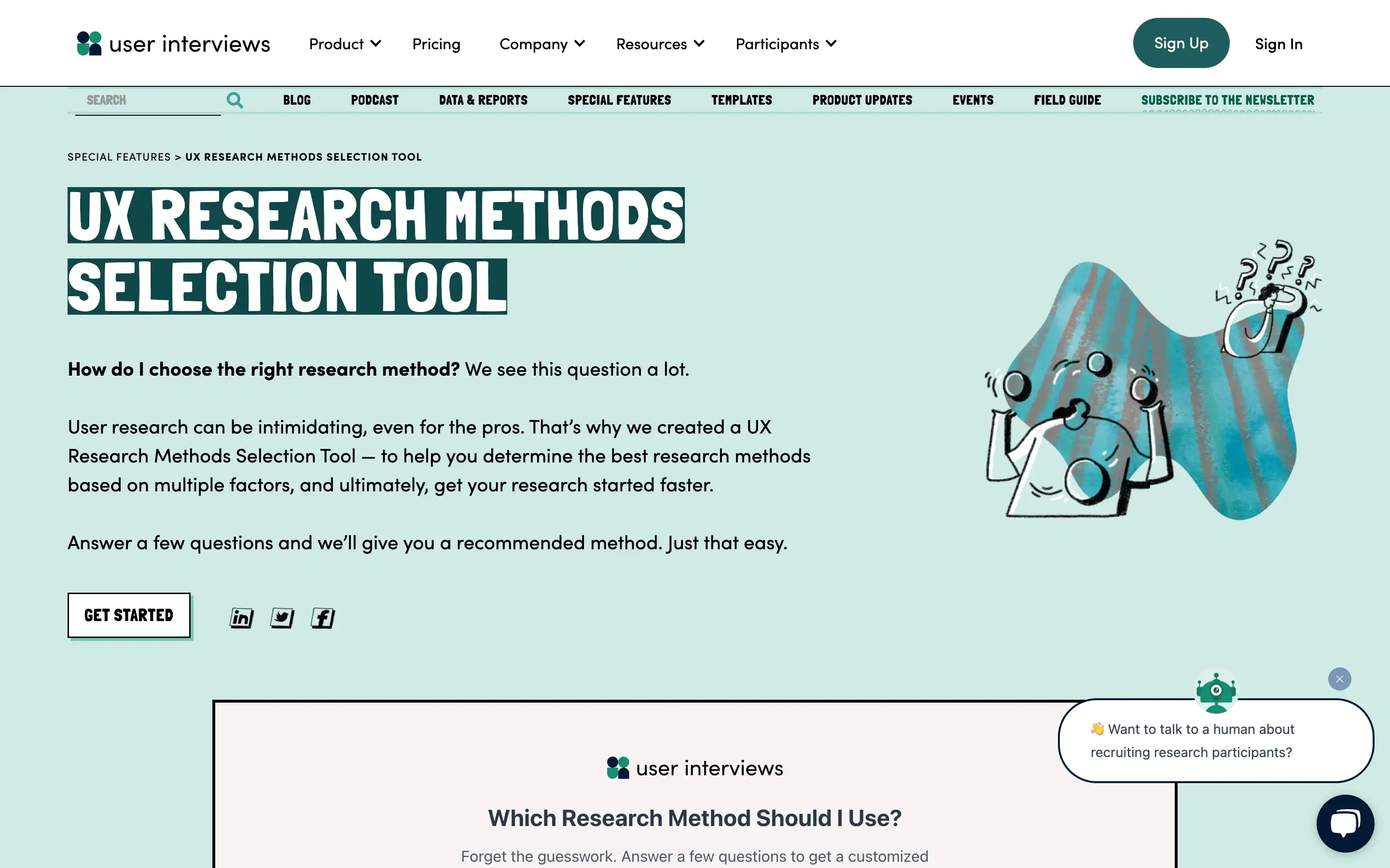 UX research methods selection tool homepage.