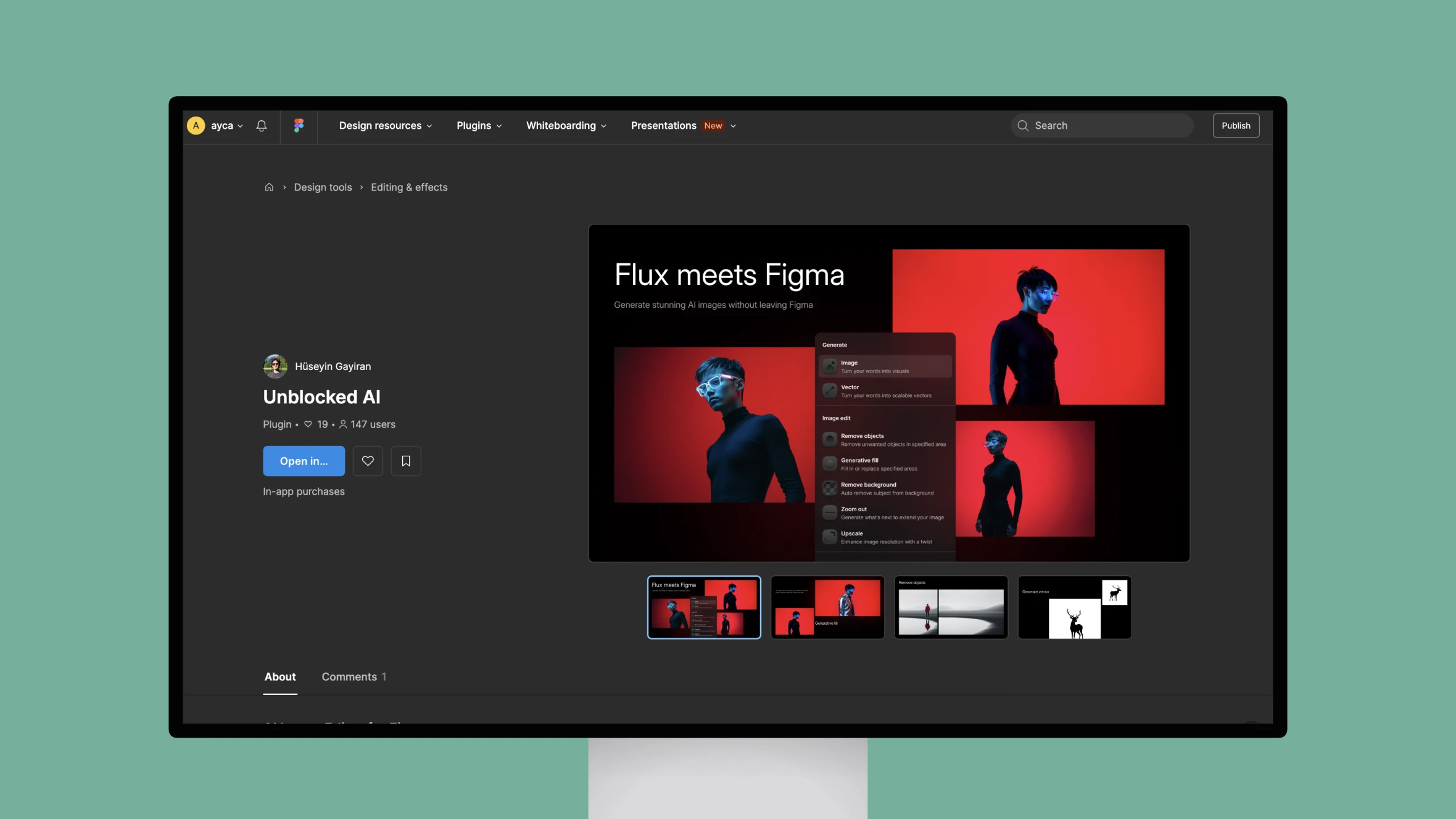 Figma interface displaying AI plugin Flux meets Figma