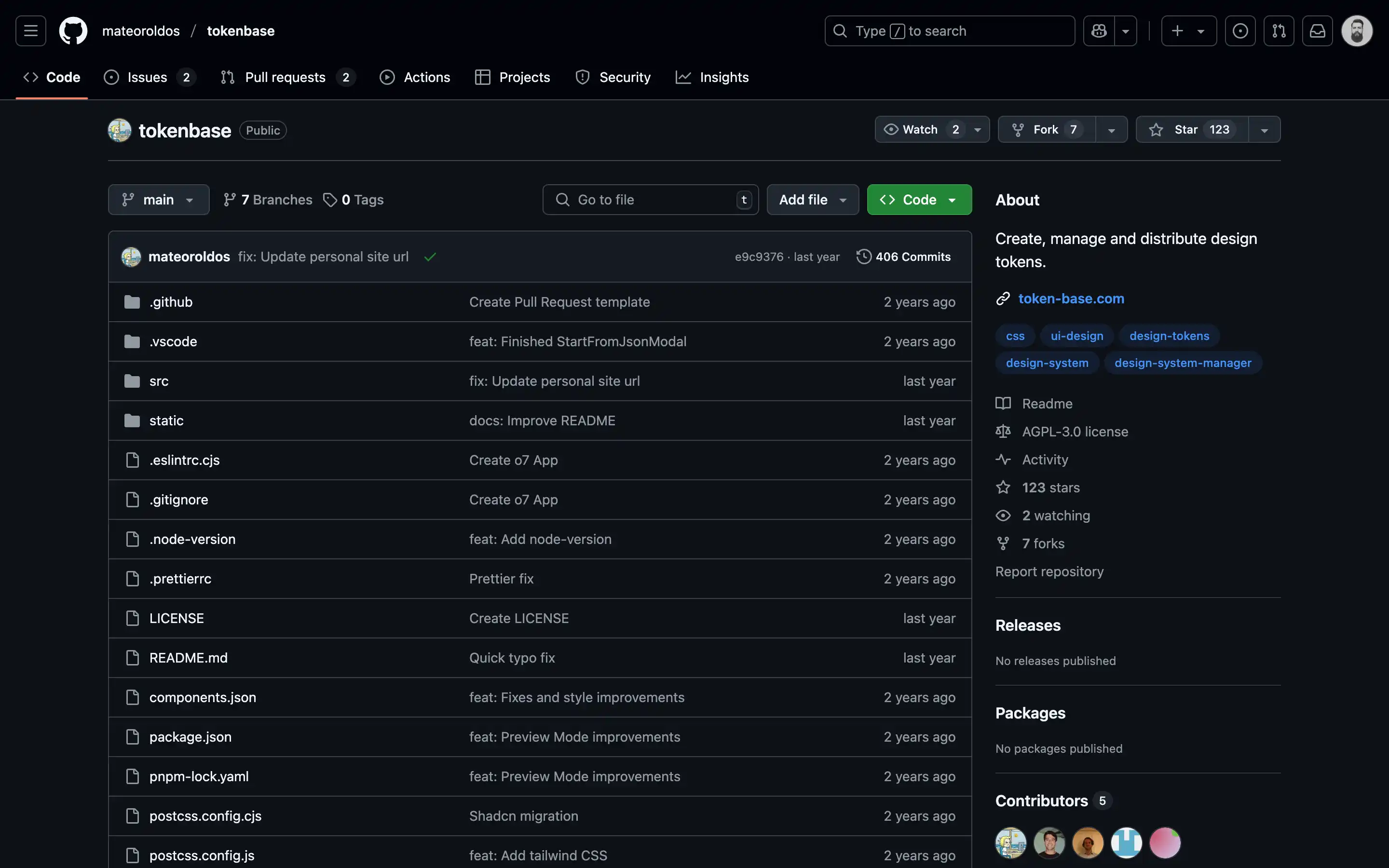 GitHub repository page for design token management
