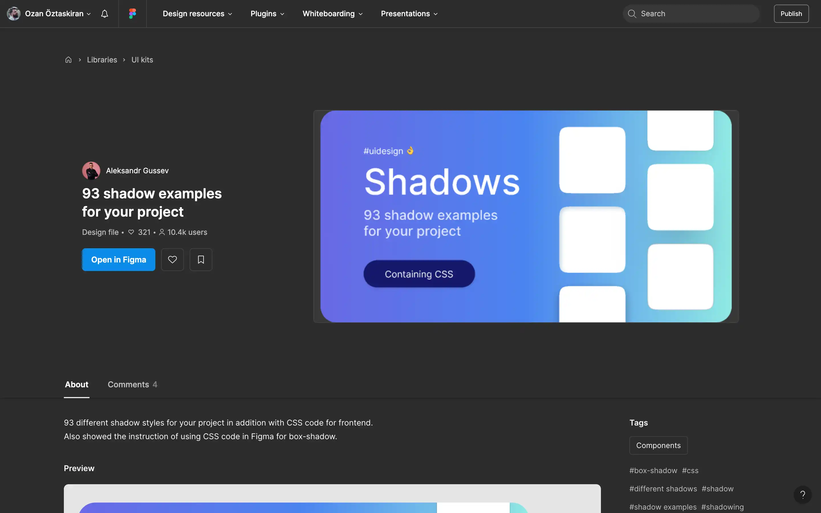 Figma UI kit with 93 CSS shadow examples.