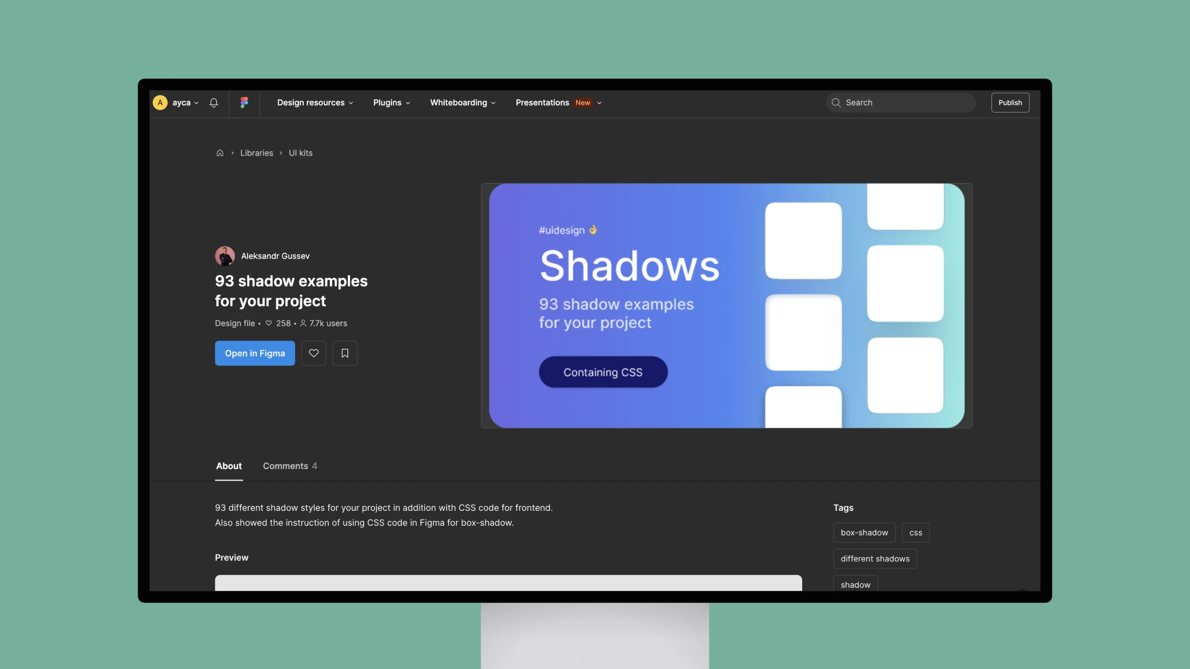 Screenshot of UI shadow design tutorial on Figma