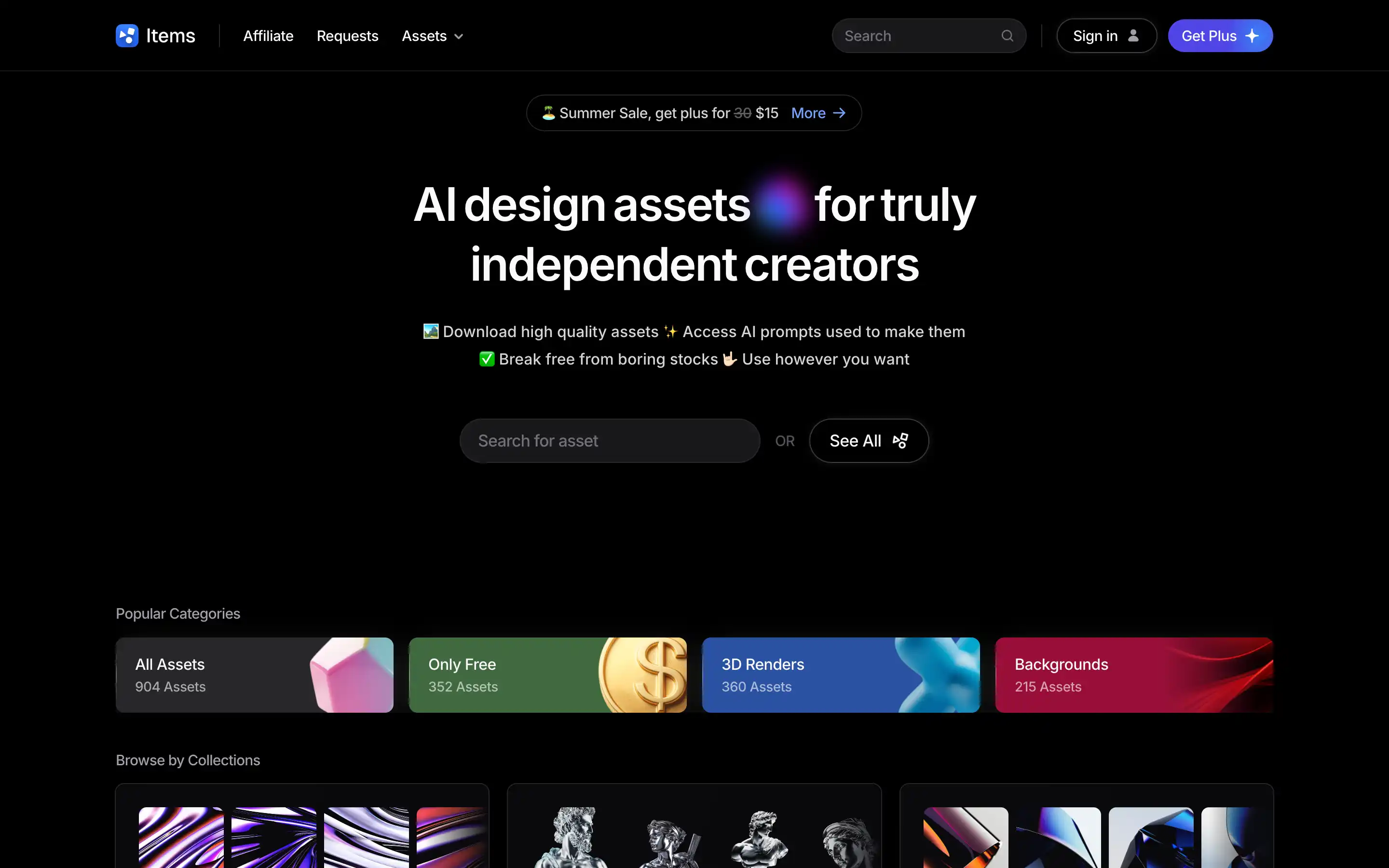 AI design assets for independent creators website homepage