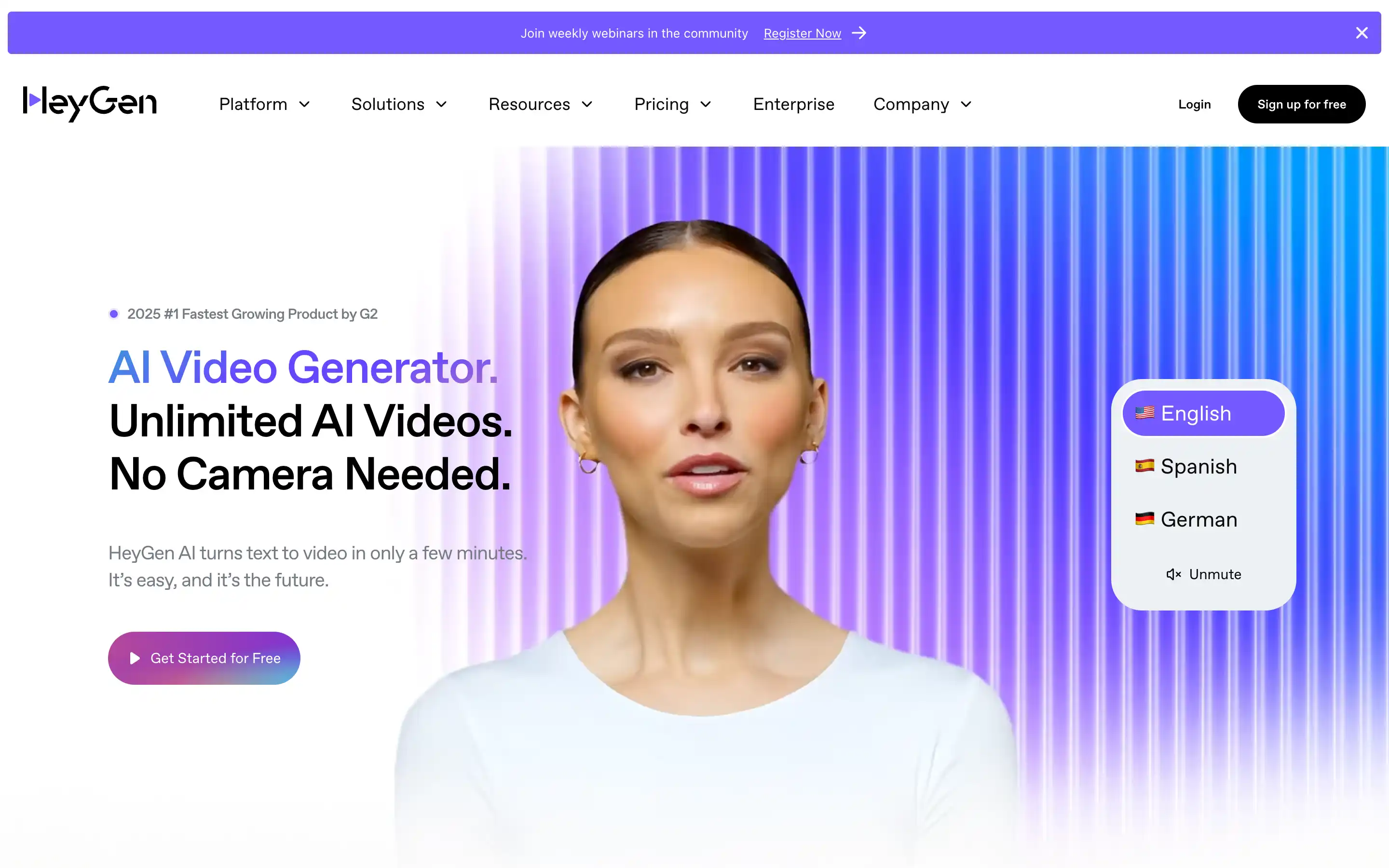 AI video generator promotional banner with language options.