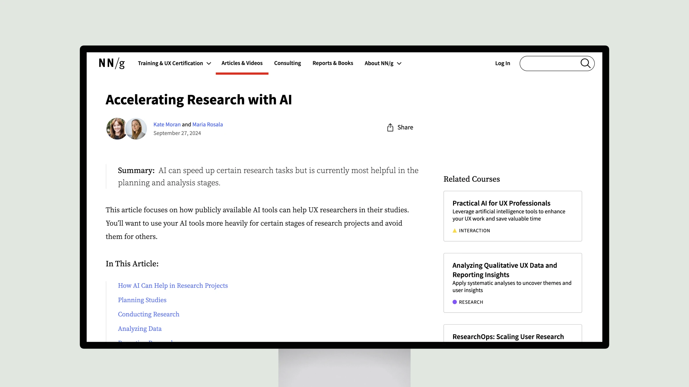 Webpage on AI acceleration in UX research