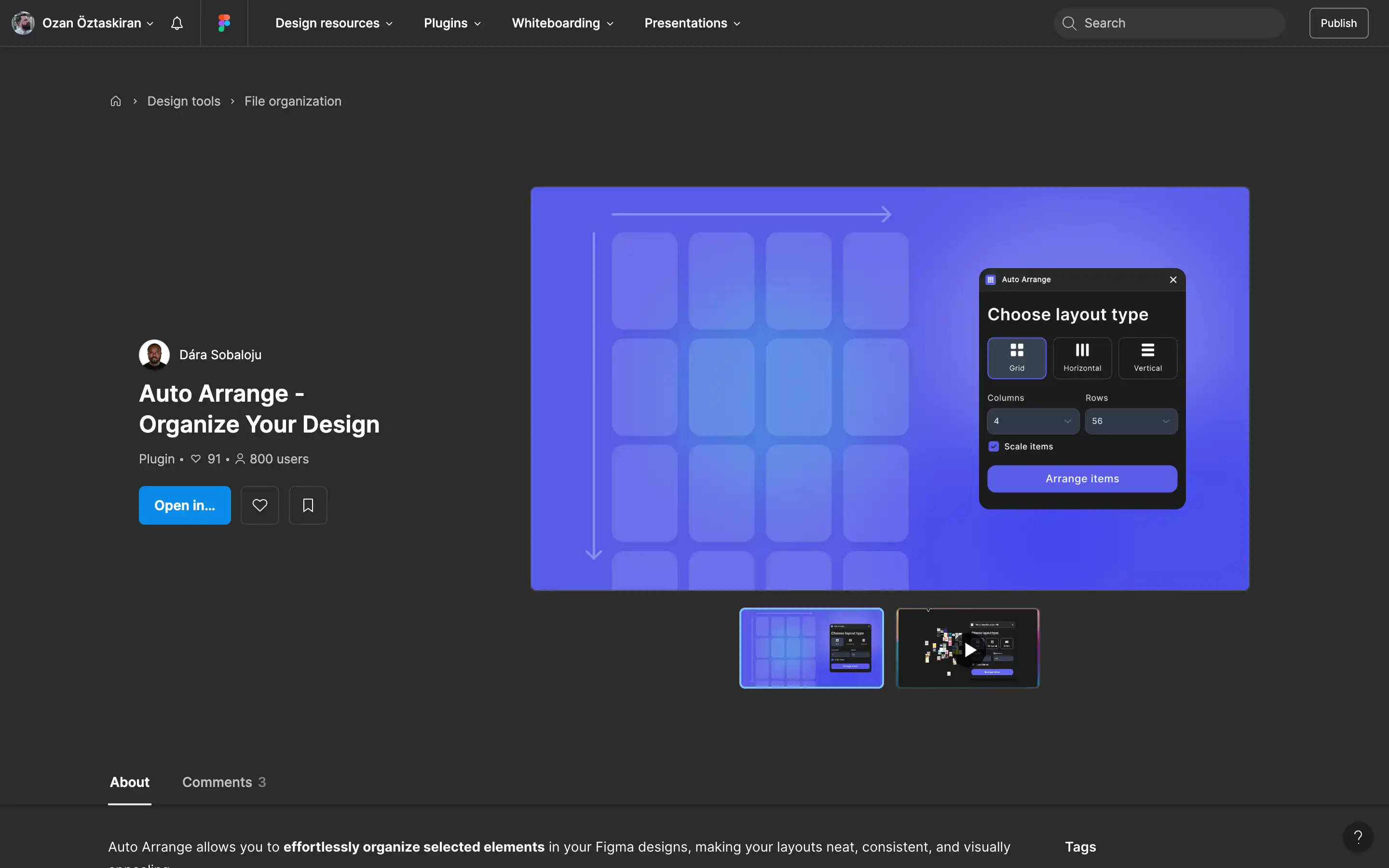 Figma Auto Arrange plugin interface screenshot.