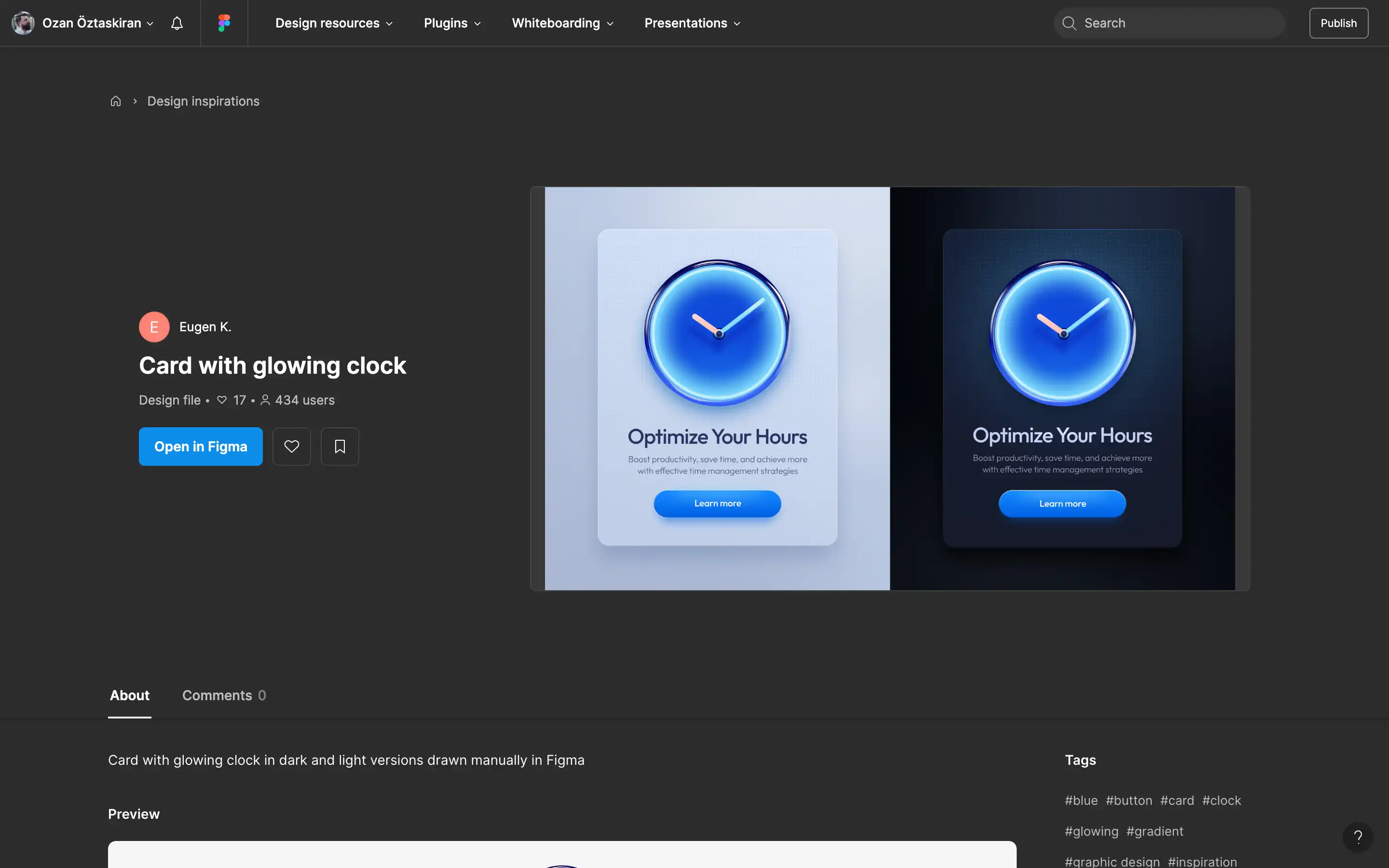 Glowing clock card in light and dark themes.